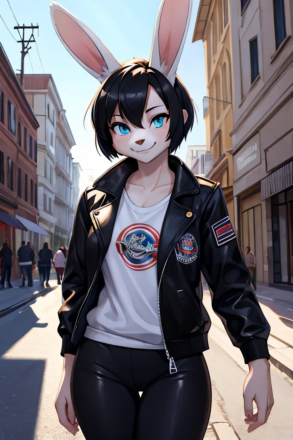 1girl, alone, masterpiece, young woman, furry, 2D, bunny woman, white skin, white bunny, white ear, white skin, white fur, black hair, short hair, white bunny, white rabbit,  wearing black jacket, black pants, white shirt, punk style, smiling, in a street, looking atr viewer, 4k, masterpiece
