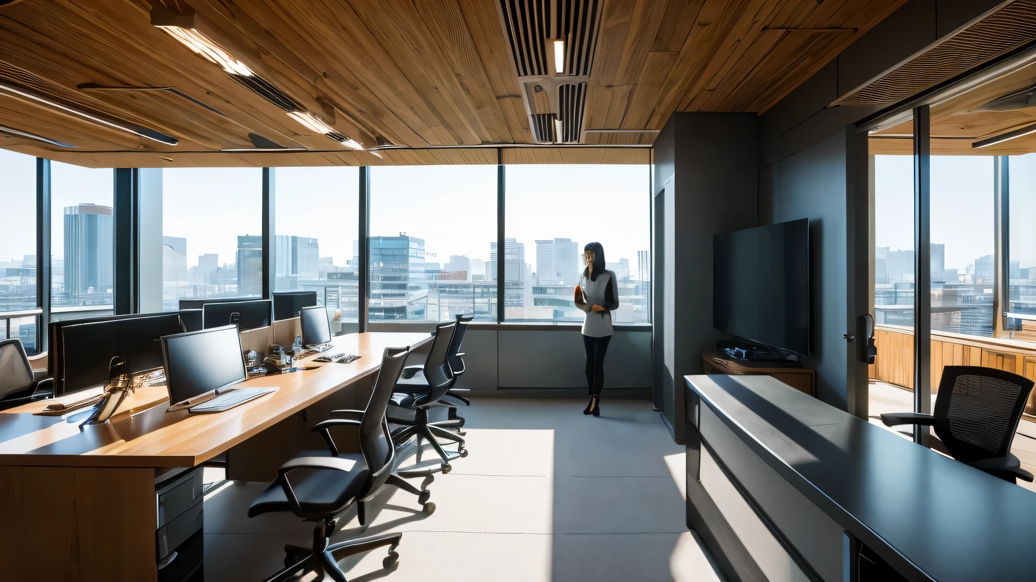 bright, In an office bathed in natural light、Our experts work hard to create presentations for clients with sophisticated designs。, high resolution screen. The office is decorated with high quality photos、Adds reality to the space。. Features a natural-colored interior, Reflecting the company's commitment to realism and quality、Creates a warm and welcoming atmosphere。. Texto「craft realism」: 「Consulting know-how in Tokyo」is sophisticated, modern font.