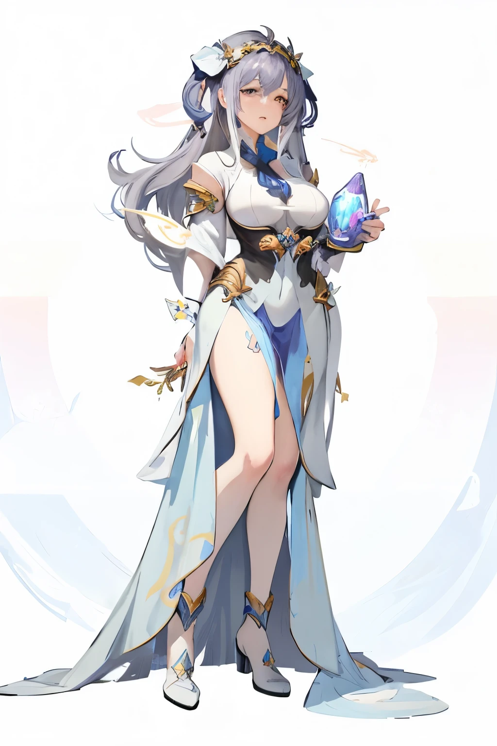 Woman in white dress holding crystal ball, full portrait of elementalist, granblue fantasy, anime goddess, the goddess Hestia, kushat krentz critical art women, Hestia, Natalie in epic battle fantasy, greek goddess aphrodite, official character art, high priest, Powerful busty witch