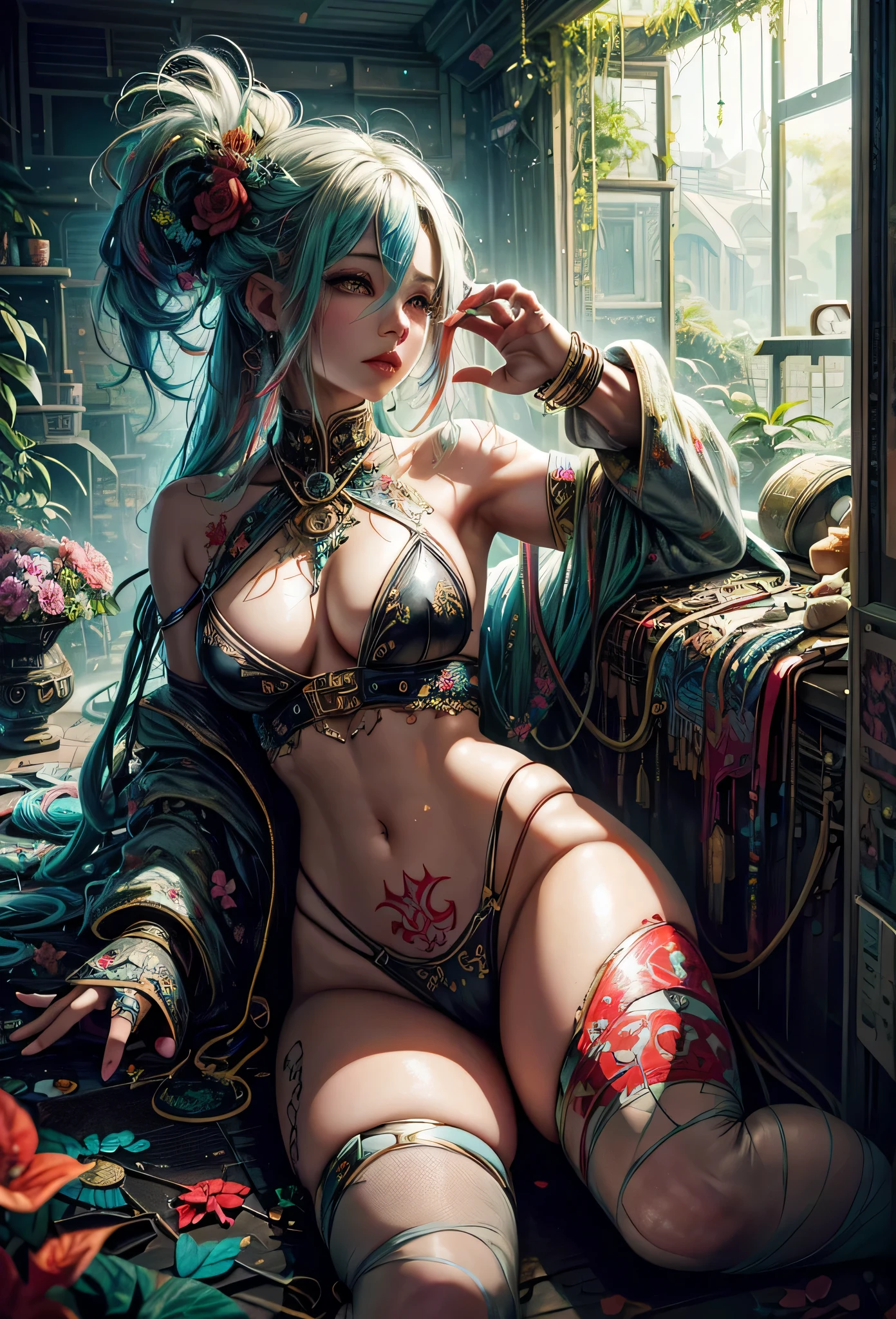 Super Detailed, 8K, Aesthetic, Fantastic, (RAW Photo, Best Quality), (Masterpiece), (Best Quality: 1.2), Absurd, Intricate Details, (Realistic, Photorealistic: 1.3), Sharp Focus, (Soft Ambient lighting), (Ambient lighting), From below, 1girl, rapper with dreadlocks, tattoos, plunging shirt, sexy mini-shorts (cameltoise), stunning completely covered in paint floating in a gorgeous pool Woman, beautiful face, detailed perfect face, perfect proportions, big breasts, thin waist, navel, big butt, crotch gap, sexy thighs, beautiful lighting, large detailed beautiful eyes, relaxed, drops of paint, paint swirls, paint splatters, (beautiful spiral paint swirls), bright contrasting colors, chromatic aberration, graffiti background, flowers, leaves, roots,