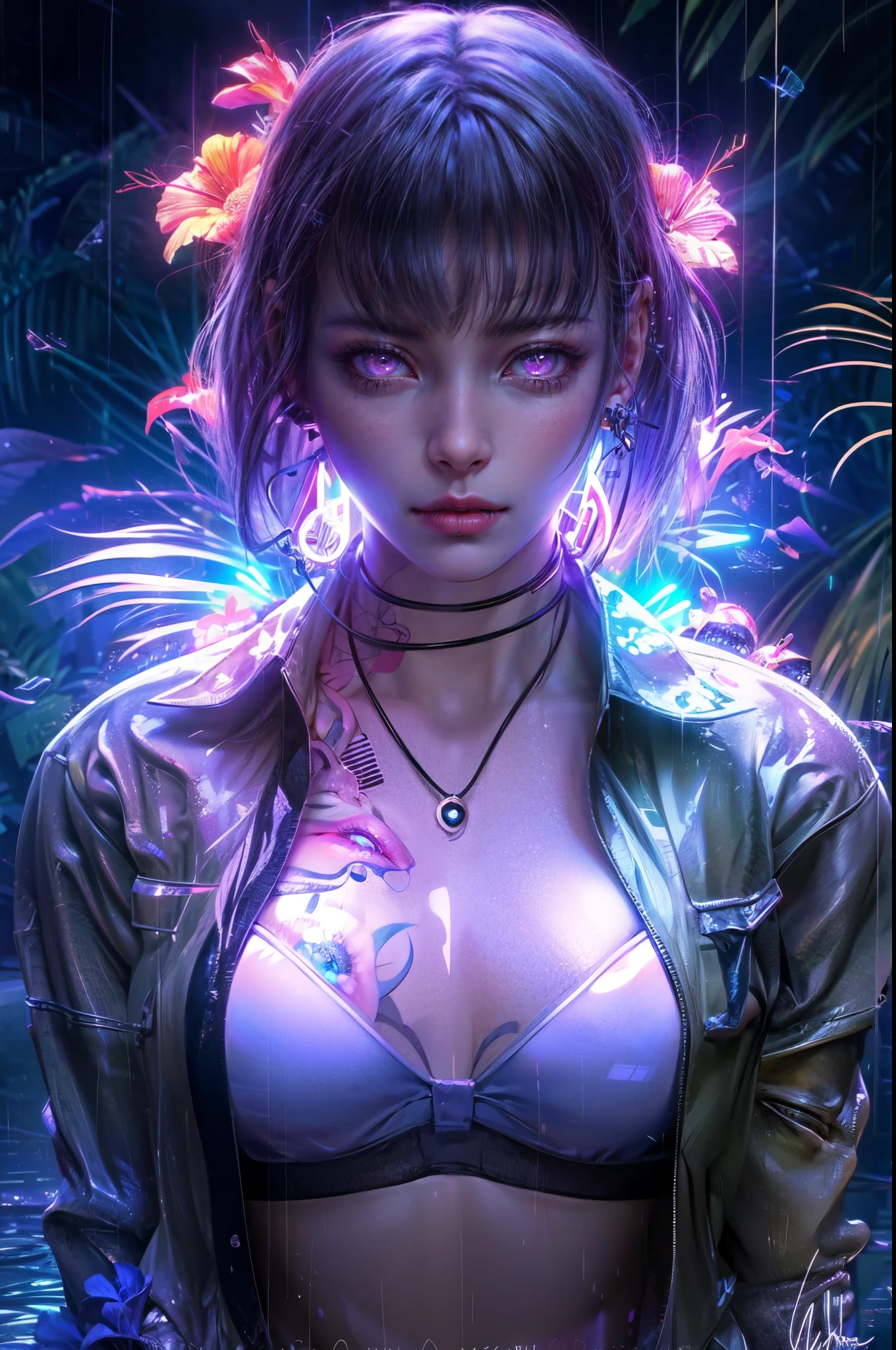 this girl has a purple hair, pink eyes and piercings, in the style of floral surrealism, glowing neon,a cartoon young white woman smiling on a black background, in the style of vray, 3d, blender, hyper-realistic pop, detailed character illustrations, hip hop aesthetics, i can't believe how beautiful this is, high gloss, jagged edges, 8k (fast) cyberpunk realism, asian-inspired, realistic, emotive portraits, dark cyan and light amber, made of insects
