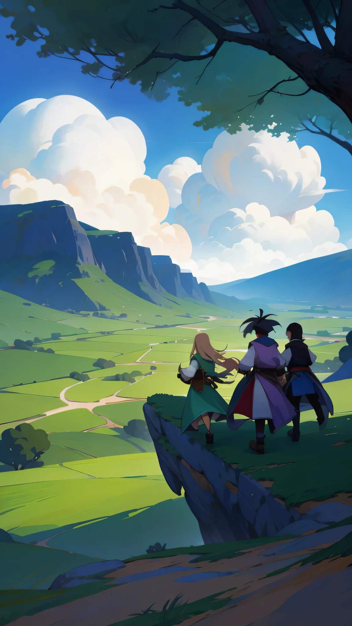There is a cartoon picture,A man and a woman walking in the mountains, 2D concept art, RPG landscape, super giant game, Two-dimensional art, Two-dimensional art, 2d game fanart, game art!!, Magic fantasy 2D concept art, in an epic valley, Digital 2D Fantasy Art, fantasy game art style, game art