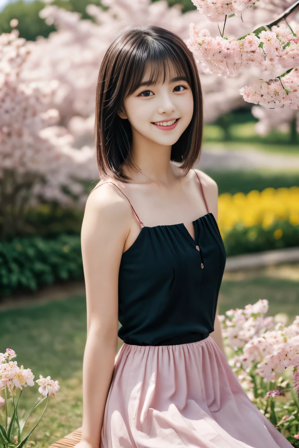 masterpiece, Best Quality, 8K, 1 girl, (18 years old), r, smile, Solo, (A super cute idol-like face:1.2), Delicate girl, Black hair, middle bob hair, straight hair, bangs, Looking at Viewer, Candid, Sophisticated, Professional Lighting, Film grain,  whole body, beautiful figure, The background is a field of yellow rape blossoms and rows of cherry blossom trees,  (Pale pink ruffled dress, long skirt:1.2), tiny chest, Sitting on the bench,