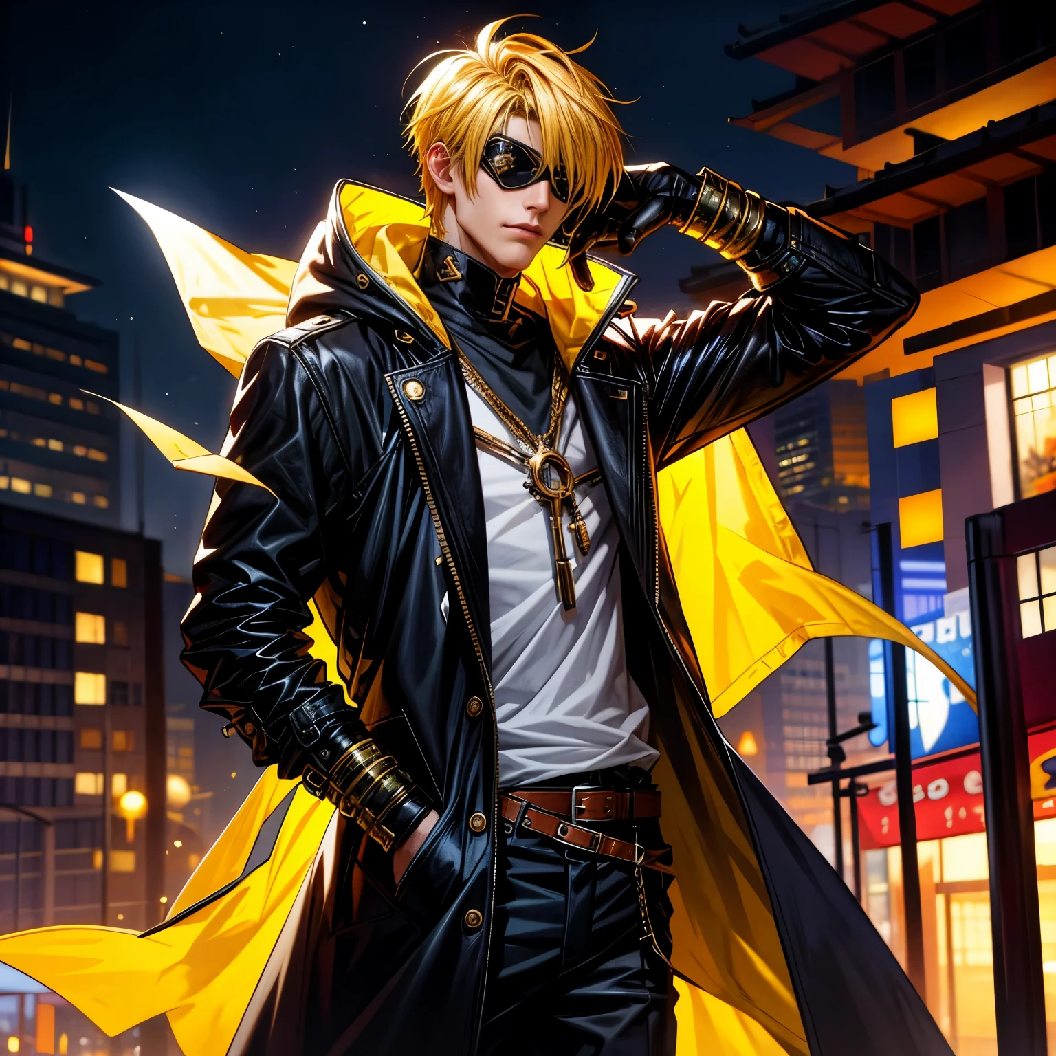 A man,Handsome,yellow hair, blue eyes, eyepatch, nightcity,Manhwa-Style, Sateen,Hoodie-coat large,Put your hands in your pockets