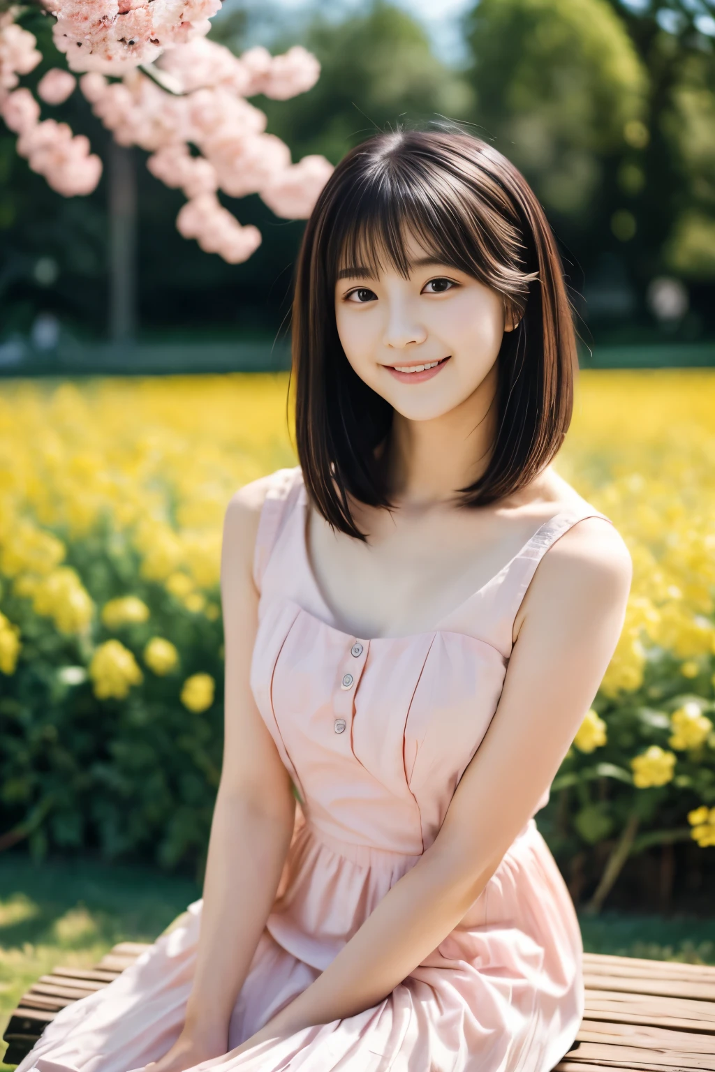 masterpiece, Best Quality, 8K, 1 girl, (18 years old), r, smile, Solo, (A super cute idol-like face:1.2), Delicate girl, Black hair, middle bob hair, straight hair, bangs, Looking at Viewer, Candid, Sophisticated, Professional Lighting, Film grain,  whole body, beautiful figure, The background is a field of yellow rape blossoms and rows of cherry blossom trees,  (Pure white frilled dress, long skirt:1.2), tiny chest, Sitting on the bench,