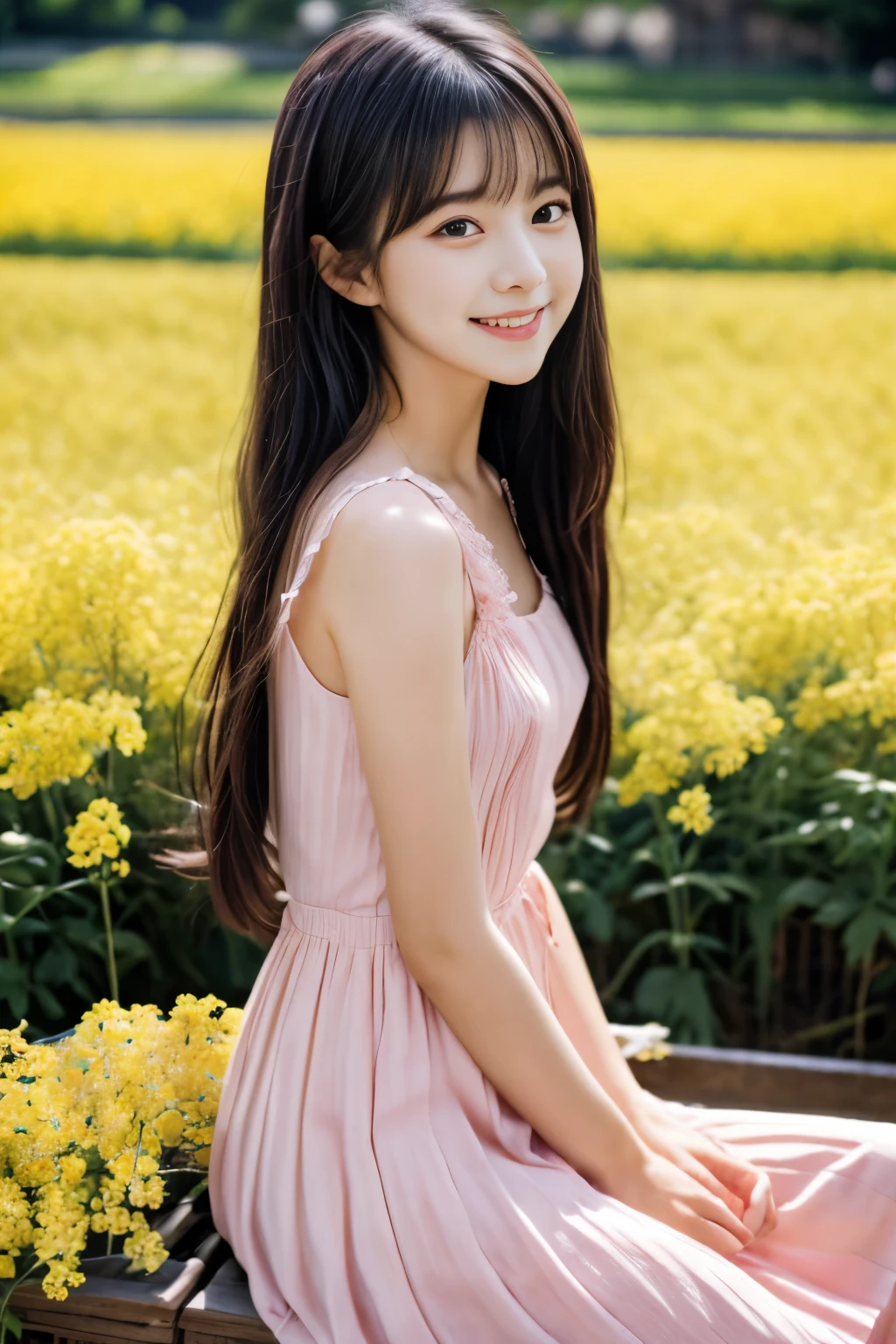 masterpiece, Best Quality, 8K, 1 girl, (18 years old), r, smile, Solo, (A super cute idol-like face:1.2), Delicate girl, Black hair, middle bob hair, straight hair, bangs, Looking at Viewer, Candid, Sophisticated, Professional Lighting, Film grain,  whole body, beautiful figure, The background is a field of yellow rape blossoms and rows of cherry blossom trees,  (Pale pink ruffled dress, long skirt:1.2), tiny chest, Sitting on the bench,