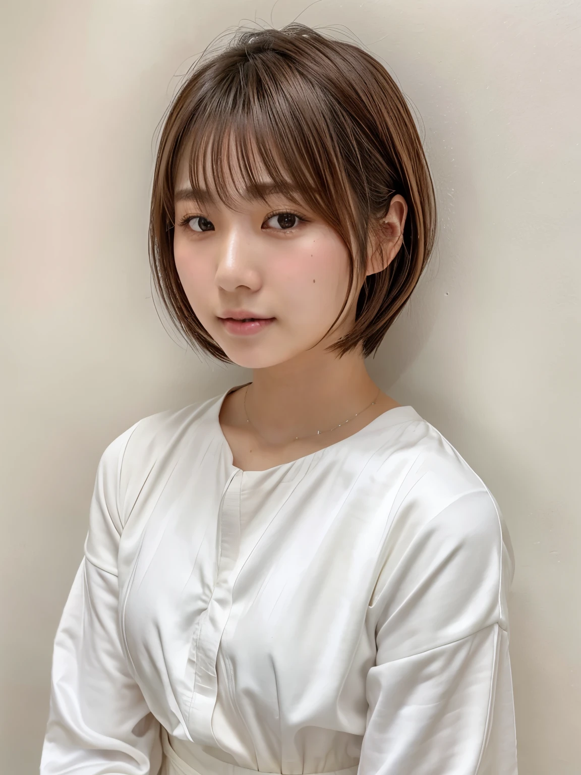 japanese woman、RAW photo (20 year old girl),White long sleeve dress, long hair, realistic skin, (high detail skin:1.2),Taken in front of a white wall, Depth of bounds written, Mr.々pose,spring color,realistic, film grain,bright colors,beautiful face,soft natural light、shortcut、short hair