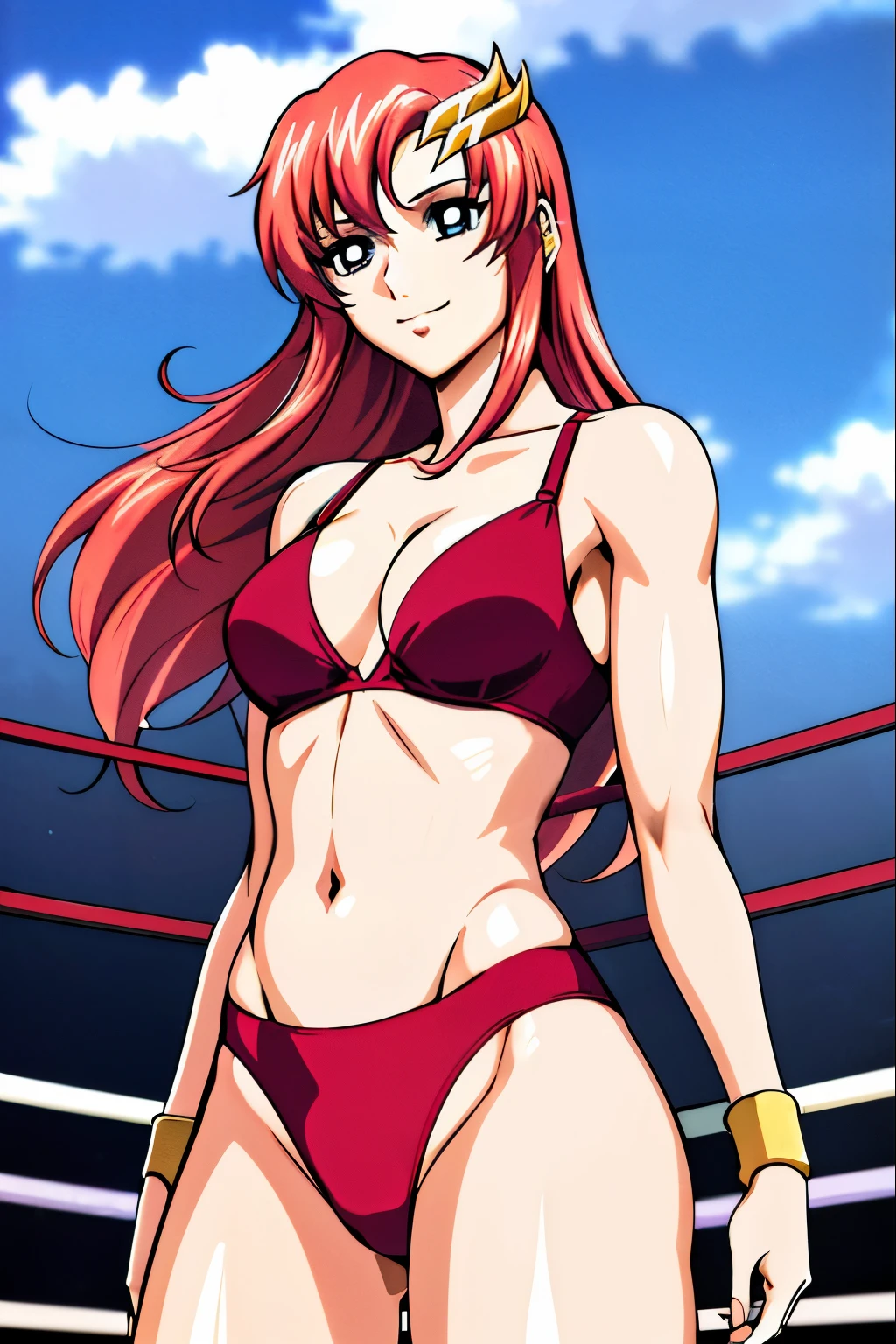 lacus4, (red bikini), (masterpiece, from below, low shot camera, hands behind back, looking at sky, very slim shoulders, 4K, Best Quality, Anime style: 1.9, happy, Adult Woman, (ultra detailed head), (wrestling ring with crowd, cloud background), Drawing lines, high resolution, lacus4), 1girl, Solo, curvy figure, Long hair, 鎖骨, scapular, (Detailed wide hair bangs, Hair Ornament, Detailed reddish-pink hair, shiny streaks, slim arms, detailed golden crest), cleavage, large hands, (hair cover shoulders). (Big blue eyes, shiny eyes), ((female wrestler, (slim body), little biceps, slim arms, closed fists, thighs)), ((perfect proportions, medium breasts, long belly)), ((totally red bra, neck band, bracelets))), smile, (standing, hot colors), detailed fingers, (bare shoulders)
