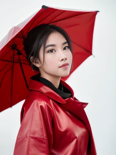 (masterpiece), (extremely intricate:1.3),, (realistic), inkekirei in Red ((red raincoat)), Clear facial features, black hair, Happy, in front of white flat color background, the most beautiful in the world, full body, photo studios, professional photograph of a stunning woman detailed, detailed face, eyes to the camera, sharp focus, dramatic, award winning, cinematic lighting, octane render, realistic, volumetrics dtx, (film grain, bokeh, blurry foreground, blurry background), 