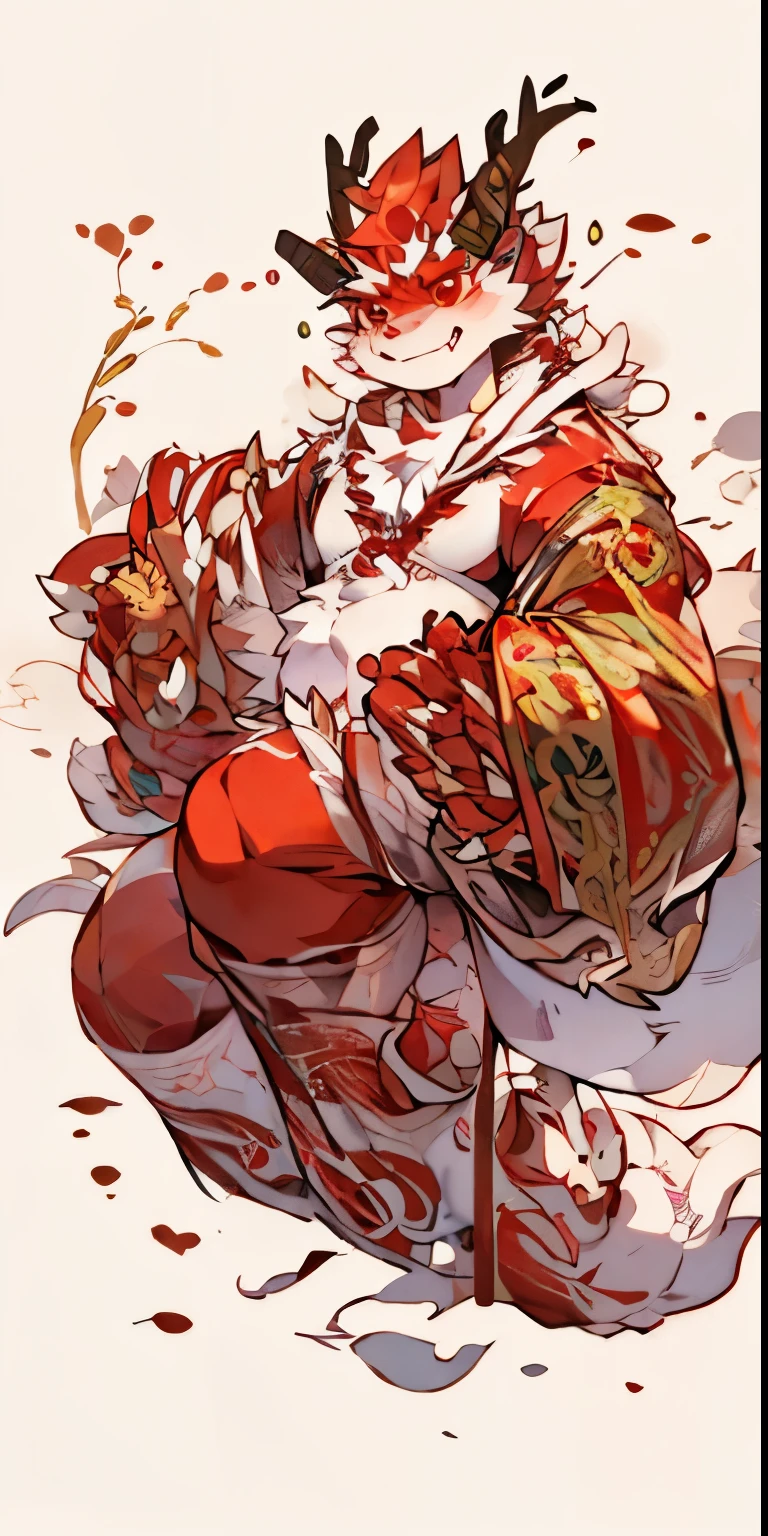 muscular orc，Strong dragon orc Taoist priest，Talisman paper floating，perform the act of praying，French formation，Chinese ink painting，Copper coins and red rope，Strong body，Peach tree，peach blossom，Black, white, gold and red colors