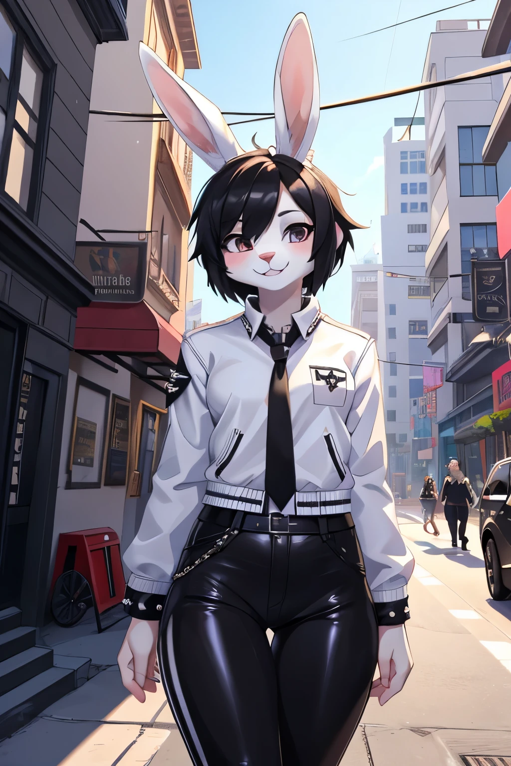 1girl, alone, masterpiece, young woman, furry, 2D, bunny woman, white skin, white bunny, white ear, white skin, white fur, black hair, short hair, white bunny, white rabbit, wearing black jacket, black pants, white shirt, punk style, smiling, in a street, looking atr viewer, 4k, masterpiece
