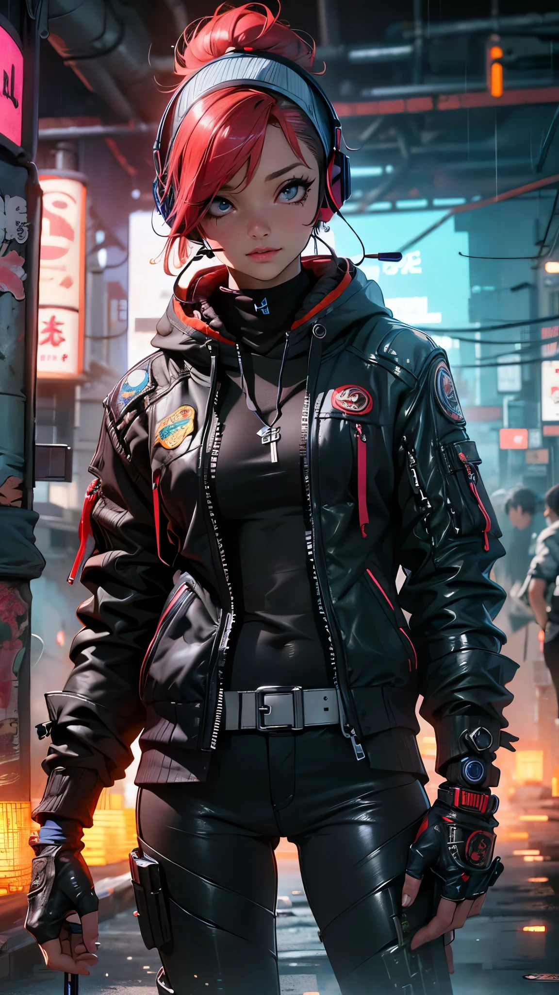 (La mejor calidad,A high resolution,Ultra - detallado,actual),Ariana Grande  night city, rain, red leather jacket, hands in pockets, black clothes, black pants, gothic accessories, spiked choker, red hair, blue eyes,(tiro vaquero ),( ciberpunk 2.1 ),(Bluetooth headphones on the head:1.4) ,,More detailed 8K.motor irreal:1.4,UHD,La mejor calidad:1.4, fotorrealista:1.4, textura de la piel:1.4, obra maestra:1.8,obra-prima, mejor calidad,objeto Objeto], (detailed face features:1.3),(Las proporciones correctas),convexo，(Dedos detallados)，(fishnet:1.4),(Ojos hermosos azules), (realistic 2.1 ), (ciudad Tokio cyberpunkAI :2.1) ,(Perfect anatomy) 