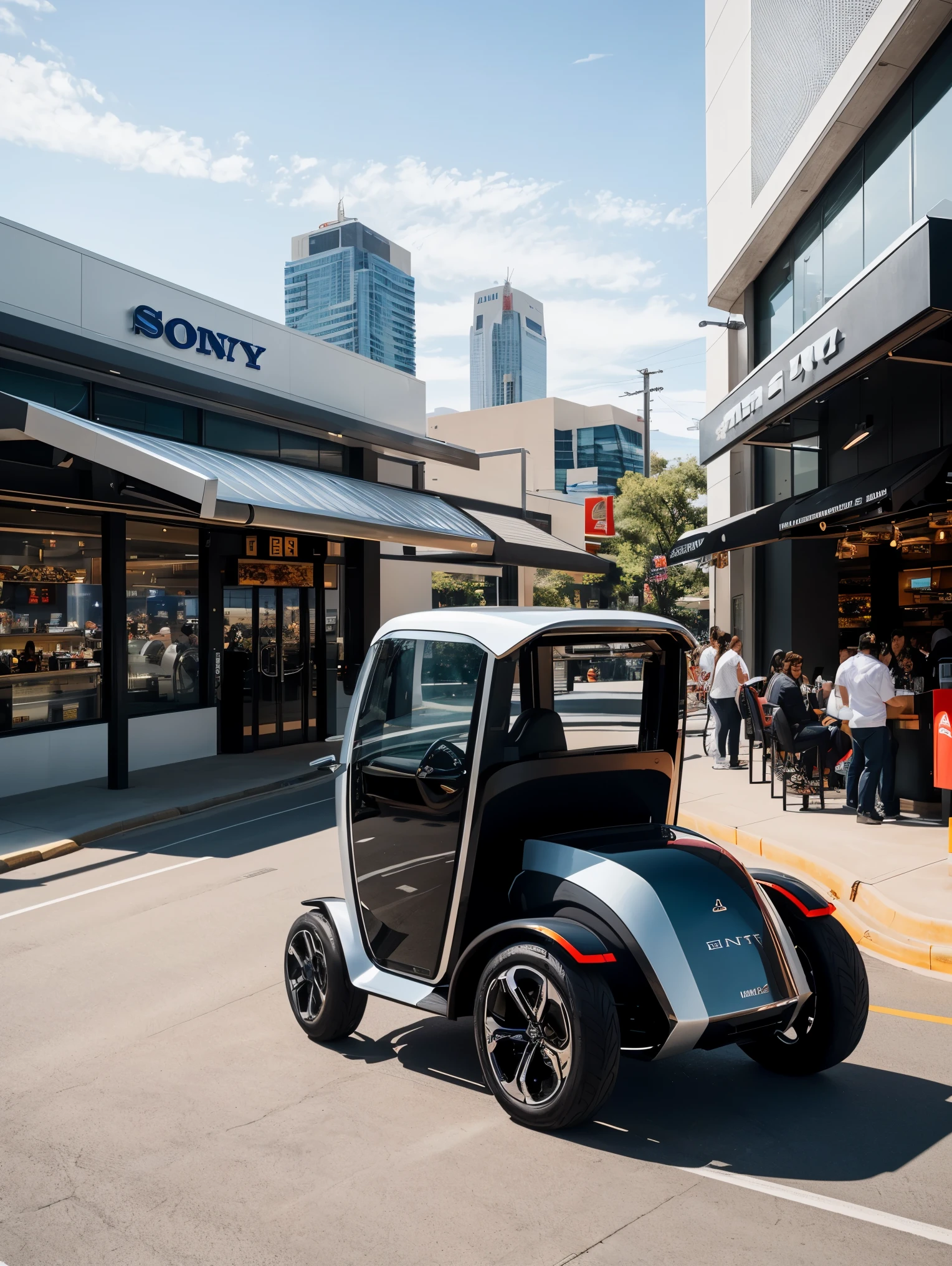 A futuristic, sleek four-wheeled cart, meticulously designed with clean lines and glossy surfaces, is parked in front of a bustling fast-food restaurant. The cart is being pulled effortlessly by two robotic horses, their metallic bodies gleaming in the sunlight. The wide-angle lens captures the entire scene, accentuating the modern aesthetic of this innovative transportation concept against the familiar backdrop of a popular eatery. cinematic, epic realism,8K, highly detailed . Sony a9 II, 28mm wide angle lens, UHD, masterpiece.