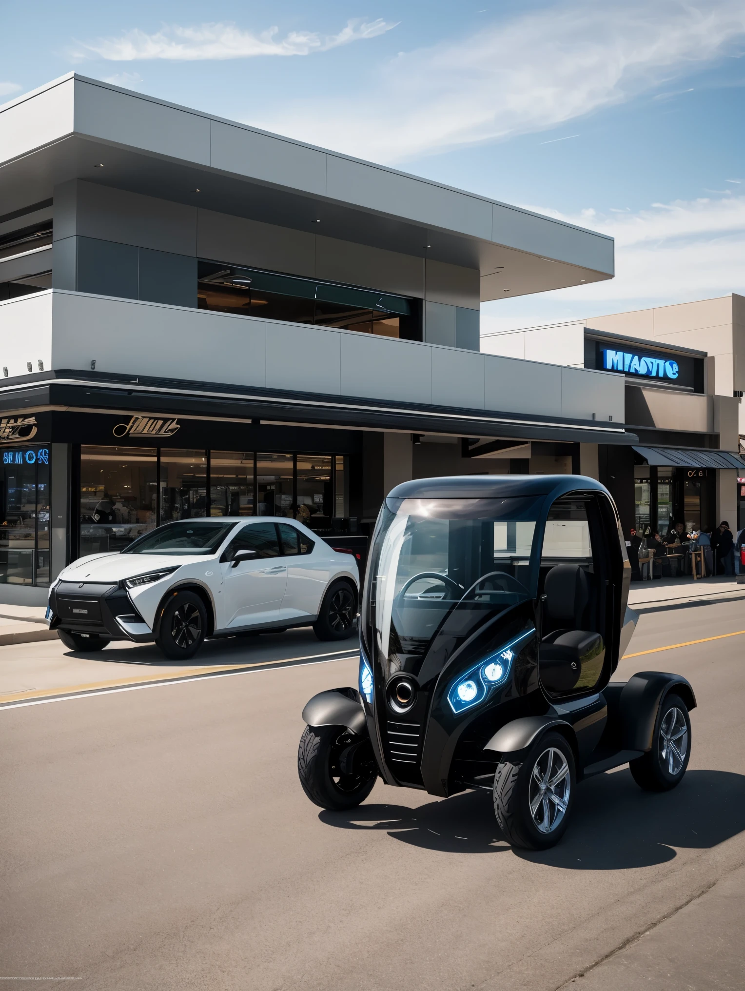 A futuristic, sleek four-wheeled cart, meticulously designed with clean lines and glossy surfaces, is parked in front of a bustling fast-food restaurant. The cart is being pulled effortlessly by two robotic horses, their metallic bodies gleaming in the sunlight. The wide-angle lens captures the entire scene, accentuating the modern aesthetic of this innovative transportation concept against the familiar backdrop of a popular eatery. cinematic, epic realism,8K, highly detailed . Sony a9 II, 28mm wide angle lens, UHD, masterpiece.