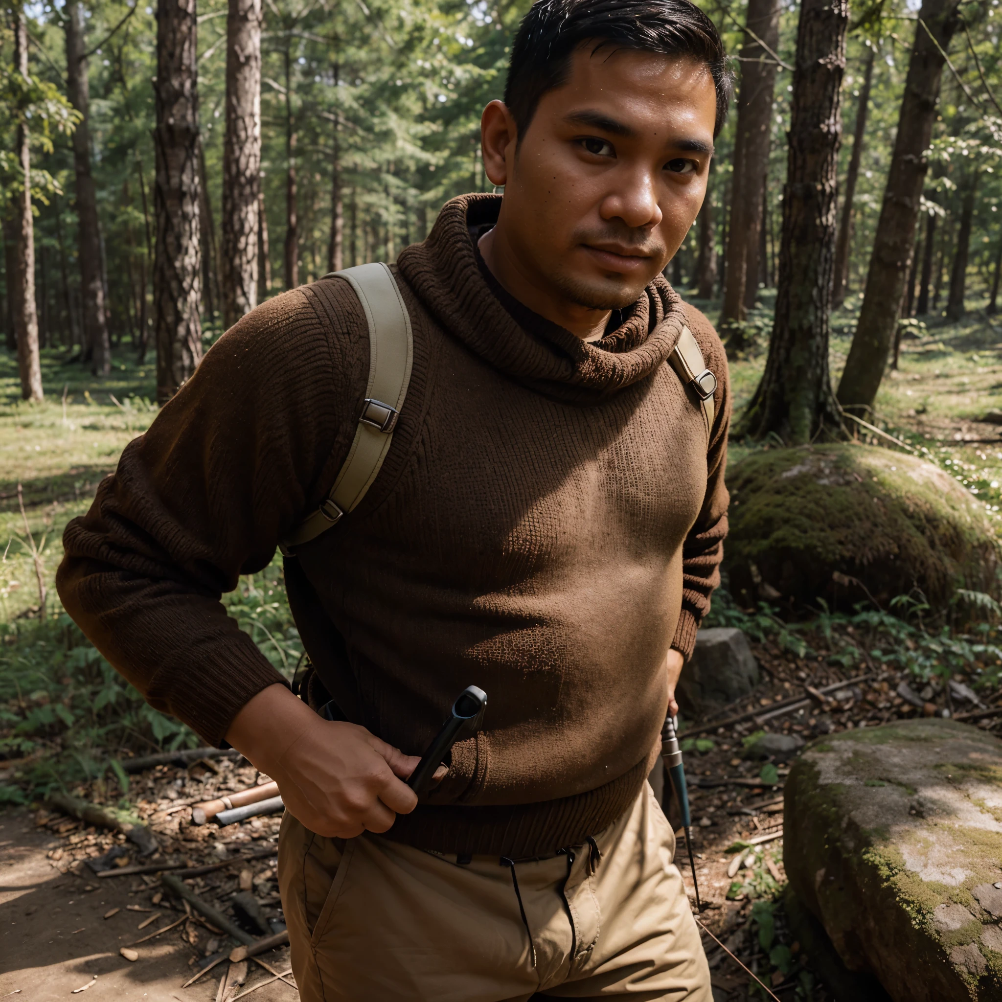 Photo, a man from indonesian, 30 years old, face clean-shaven, no beard or moustache, chubby, use brown sweater, with hiking equipment and crosbow, in forest.