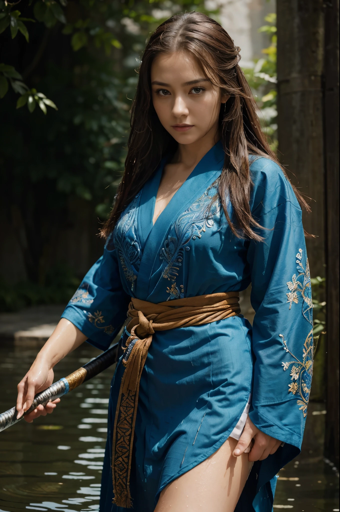 (best quality, masterpiece, colorful, dynamic angle, highest detailed)full body photo, full body photo epic realistic, (close up), woman, floating brown_hair, long hair, (water:0.7), waterdrop, wet, holding_katana, blue_kimono with intricate pattern, ultra detailed, (textured_clothing), black_background, (intricate details, hyperdetailed:1.15), detailed, light passing through hair, (official art, extreme detailed, highest detailed),