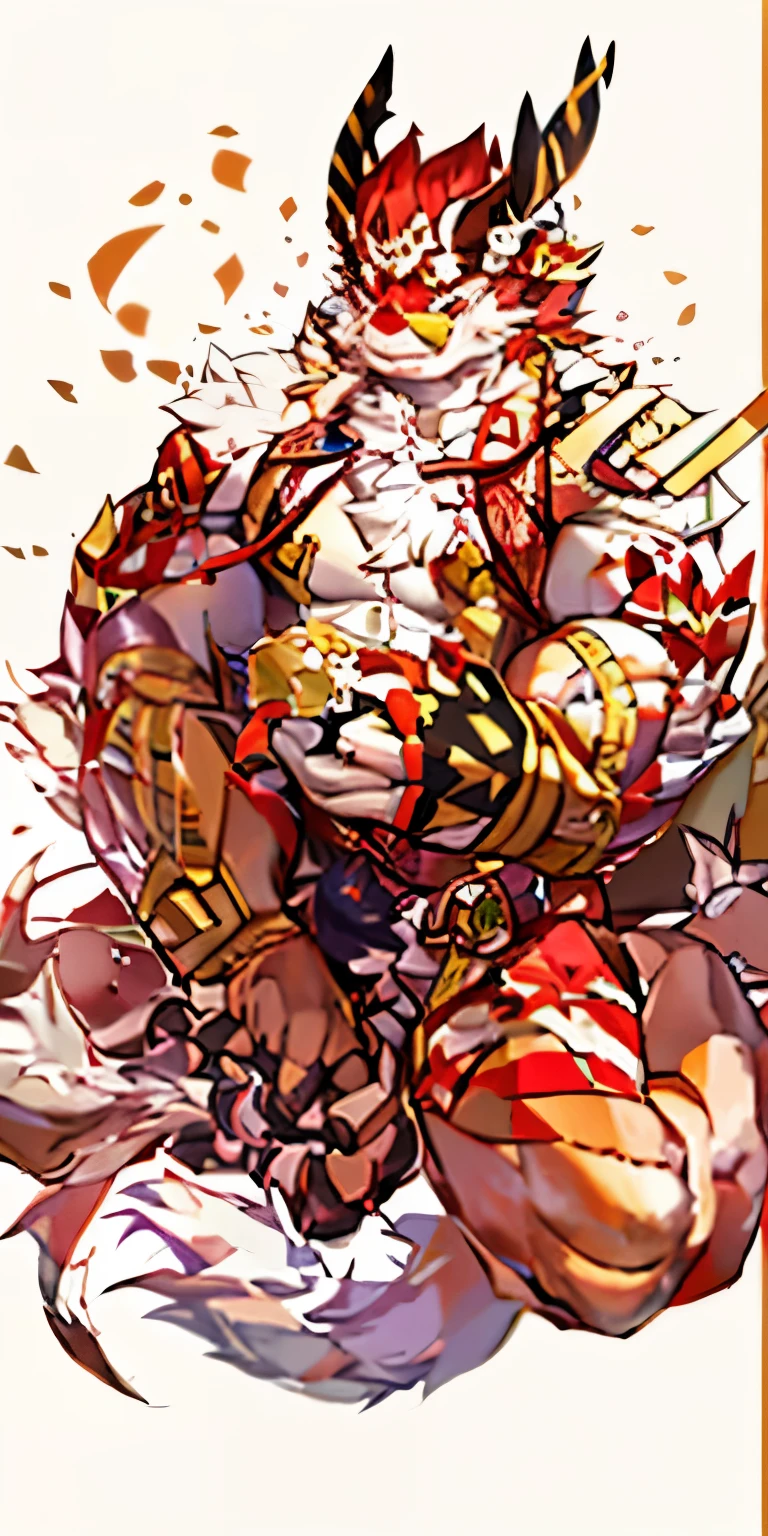 muscular orc,Expose the paws,Strong dragon orc Taoist priest,Talisman paper floating,perform the act of praying,French formation,Chinese ink painting,Copper coins and red rope,Strong body,Peach tree,peach blossom,Black, white, gold and red colors,Black and gold robes