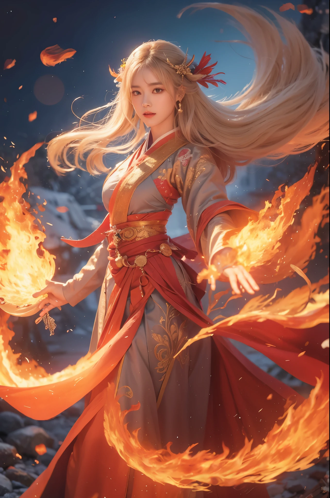 1girl，dynamic poses，fire焰女王，Hanfu，（Burning hair：1.5），（大量的fire焰：1.5），（手持fire焰长剑：1.5），（Slashing action：1.3），（蓝色的fire焰：1.5），（向上飘动的fire焰头发：1.5），fire，星fire，fire焰能量流动，双手掌心上漂浮的fire球，burning forest，fire焰魔法，The magic array under your feet，lifelike，Realistic，Ultra high detail，best quality，masterpiece，8k