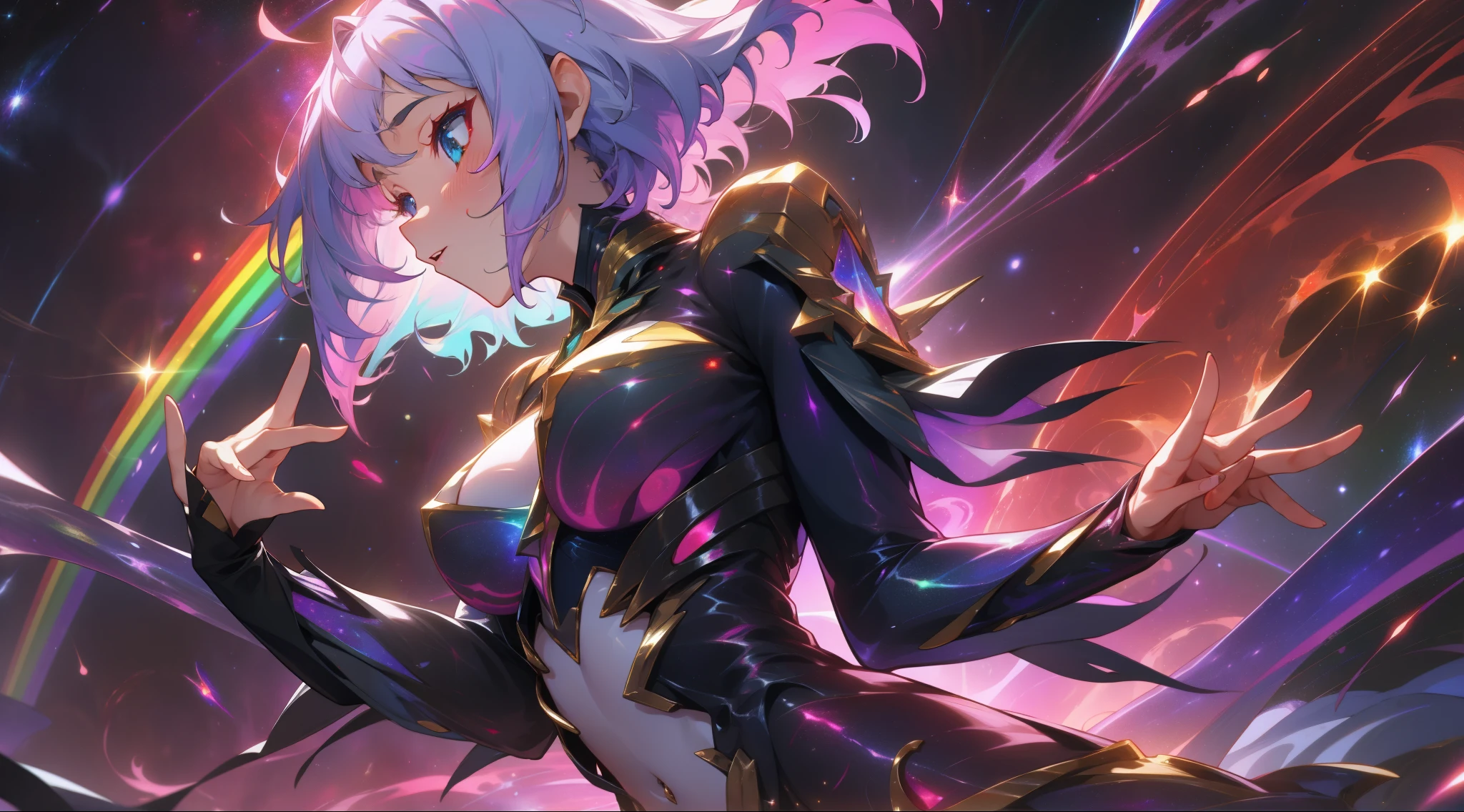 a rainbow colored sensual woman, short dress, fluttering hair, rainbow colored cosmic nebula background, stars, galaxies, cosmic horror,Hand
