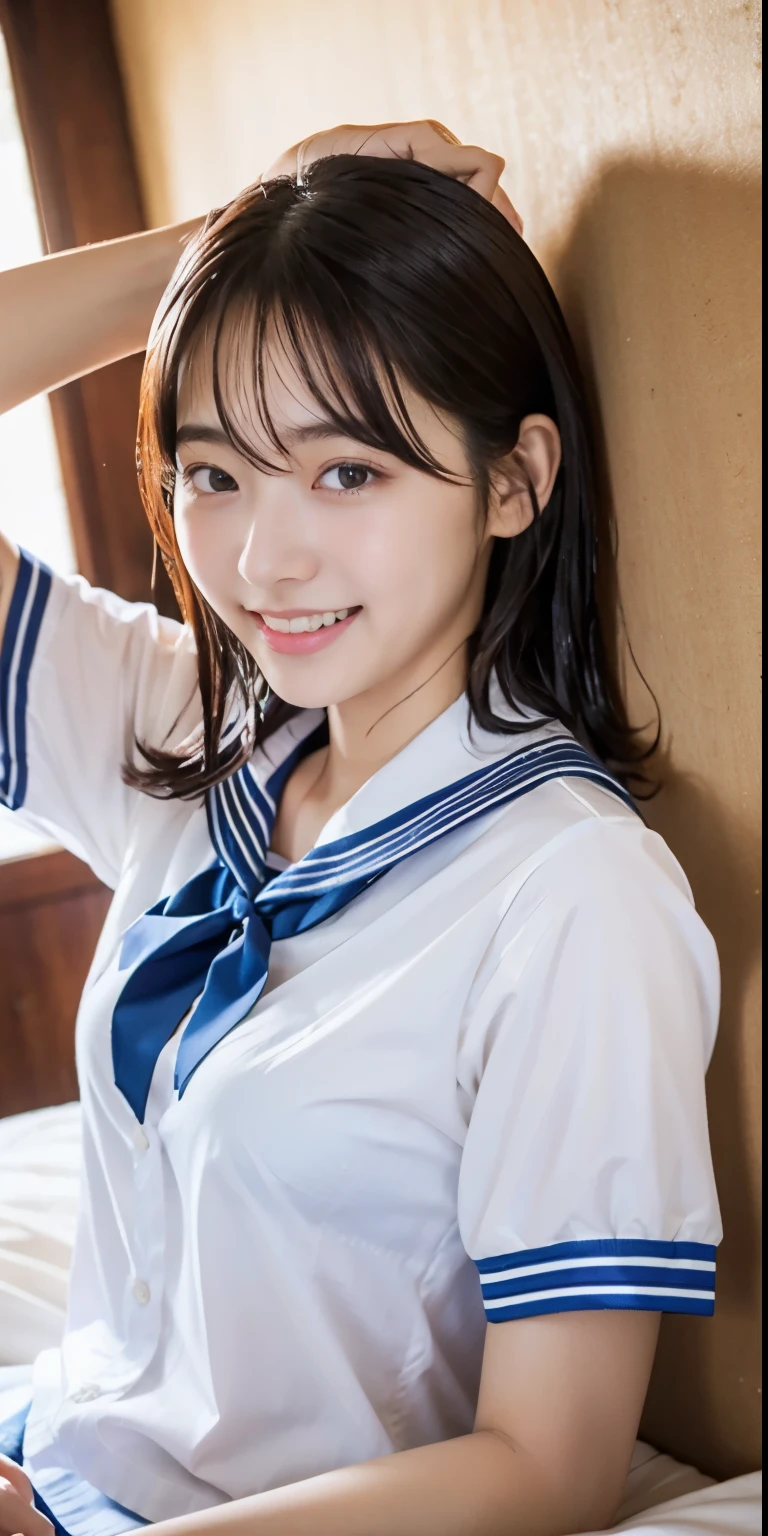 Ulchan-6500-v1.1, (RAW photo:1.2), (realistic:1.4), beautiful detailed girl, very detailed eyes and face, beautiful and fine eyes, huge file size, (big), High resolution, very detailed, highest quality, [masterpiece:1.6], [jk uniform], figure, very detailed, cg, small details, highest quality, Highly detailed cg uniform 8k wallpaper, movie lighting, 1 girl, 17 years old, Cute Japanese high school girl, perfect figure, [unbuttoned white school blouse], big firm chest, [huge breasts, heavy chest: 1.6], cute droopy eyes, beautiful big eyes, white school blouse, see through bra, sweaty and wet, [sexual excitement: 1.1], [sexual excitement: 1.1] lying in bed: 1.5], raised his hand, uniform ribbon around the neck, smile, (the whole body is wet), shining eyes