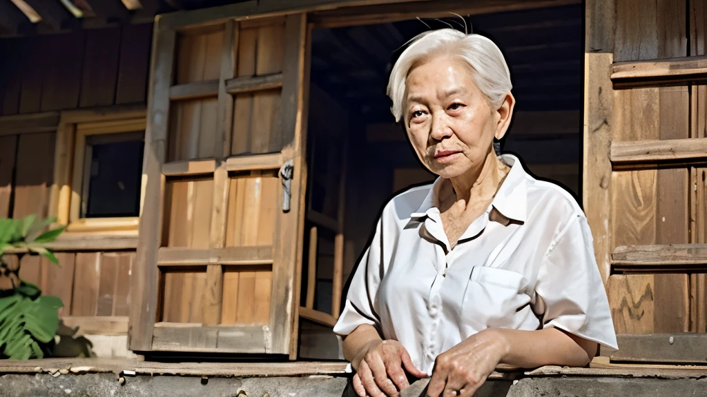 A woman in a traditional bamboo house, wearing a skirt and blouse, sits on the steps to fix the leaking roof. An elderly man, with wrinkled face and watery eyes, hovers below the steps, watching her intently. He dons a white sarong and shirt. A grandmother stands behind the elderly man, her expression stern, and throws him a sandal. The sunny and clear atmosphere of the wooden house village is vividly captured in this highly detailed and realistic 4K HD photograph. The elderly man's face shows drops of water trickling down, adding to the realism of the scene.
