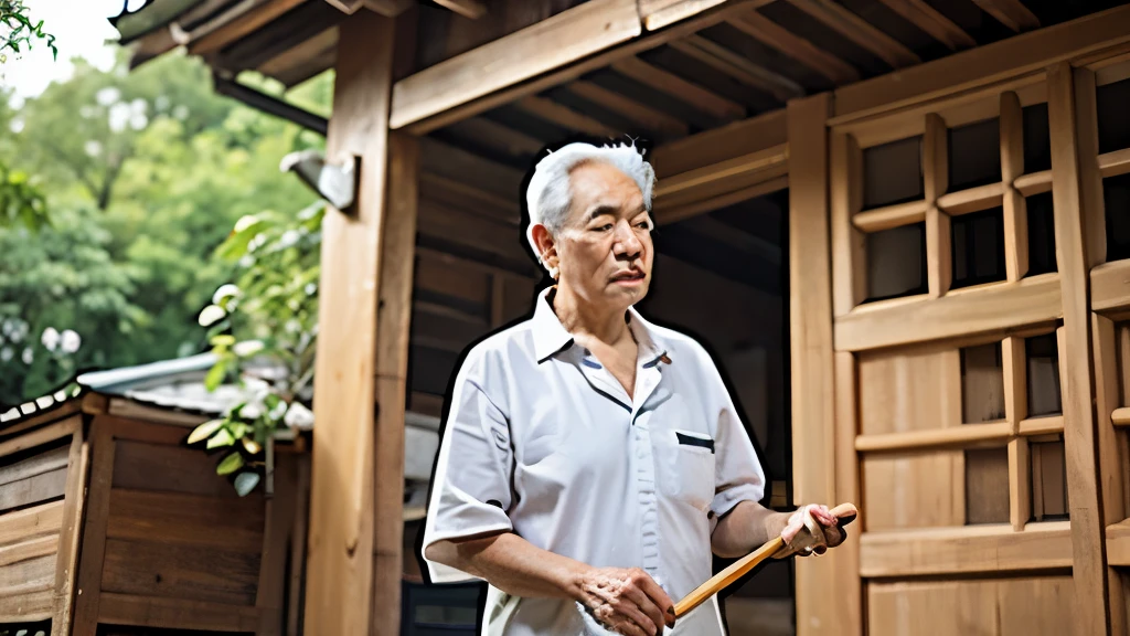 A woman in a traditional bamboo house, wearing a skirt and blouse, sits on the steps to fix the leaking roof. An elderly man, with wrinkled face and watery eyes, hovers below the steps, watching her intently. He dons a white sarong and shirt. A grandmother stands behind the elderly man, her expression stern, and throws him a sandal. The sunny and clear atmosphere of the wooden house village is vividly captured in this highly detailed and realistic 4K HD photograph. The elderly man's face shows drops of water trickling down, adding to the realism of the scene.