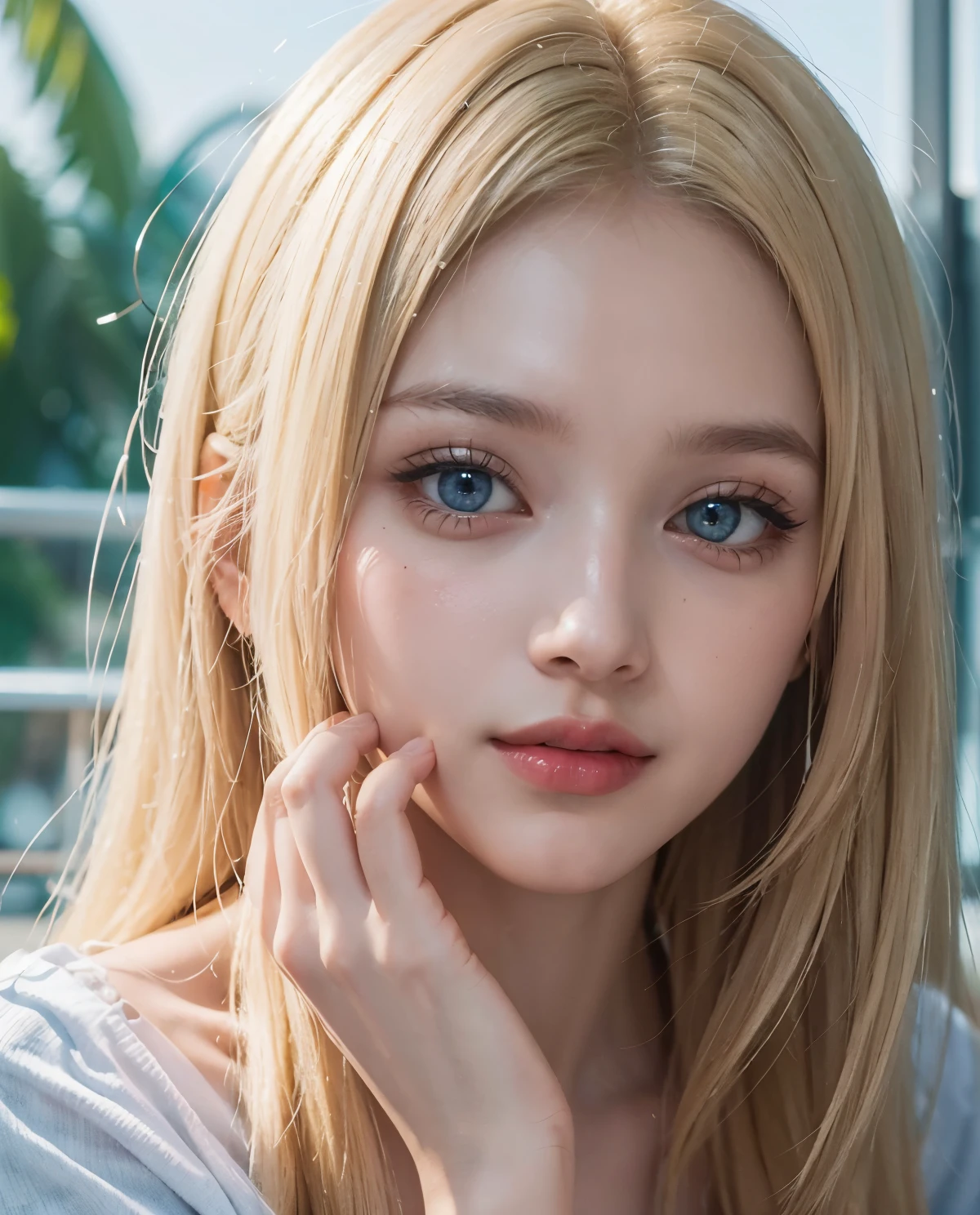 1girl, Blue eyes, (smile), (Sana Minatozaki), (Best Quality, 8k, Masterpiece: 1.3), perfect hands, Clear Focus: 1.2, Perfect Body Beauty: 1.4, Highly detailed face and skin texture, detailed eyes, double eyelids, (blonde long hair whit blunt bangs :1.2), jewelry, looking at viewer, portrait, red nails, (close-up :1.3), red lips, hands on own face, hands on own cheeks, black t-shirt, jeans