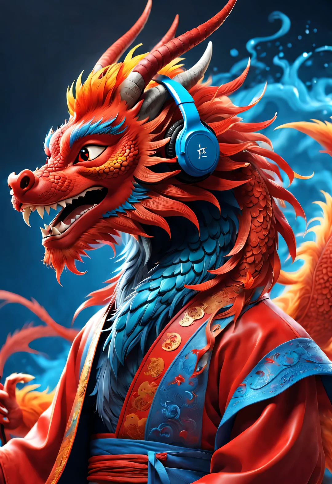 3d rendering, realistic fur, (red wallpaper), Simple modern style, beautiful wallpaper, magazine design style, close up,
Anthropomorphic zodiac dragon wearing blue headphones is laughing mischievously, large black eyes (Wearing red Hanfu), orange fur (looking at camera), Colorful music symbols dance like a storm in the background, Hip hop graffiti style,
painting,