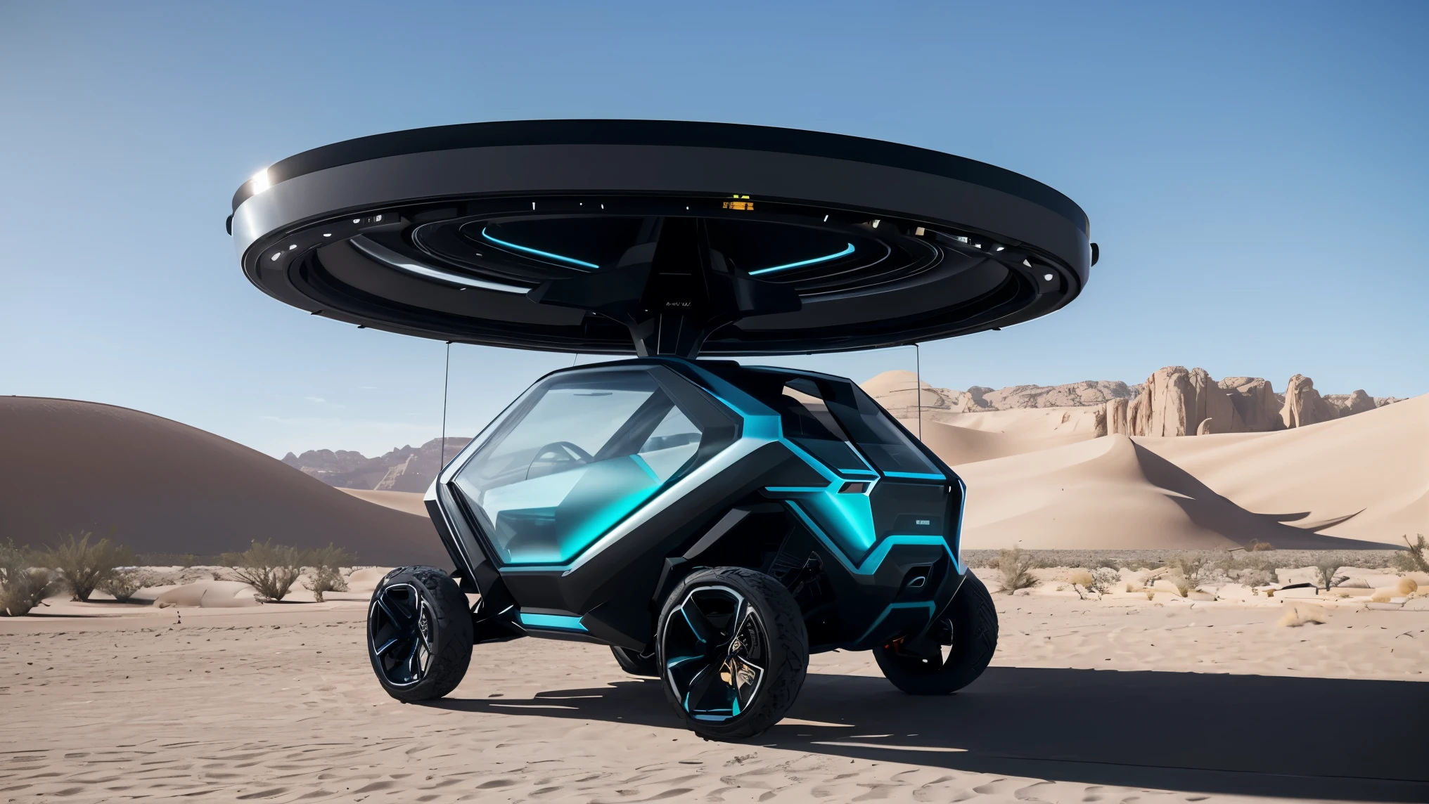 A futuristic, sleek cart (((no wheels))), meticulously designed with clean lines and glossy surfaces, The vehicle is suspended 1 metre above the ground of Nevada desert. The wide-angle lens captures the entire scene, accentuating the modern aesthetic of this innovative transportation concept against the familiar backdrop of a popular desert. cinematic, epic realism,8K, highly detailed