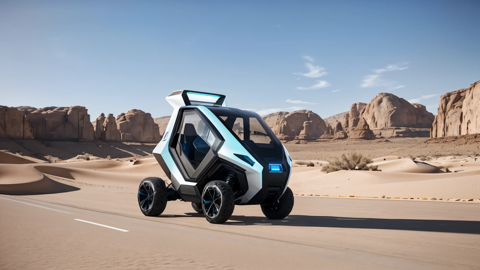 A futuristic, sleek cart (((no wheels))), meticulously designed with clean lines and glossy surfaces, The vehicle is suspended 1 metre above the ground of Nevada desert. The wide-angle lens captures the entire scene, accentuating the modern aesthetic of this innovative transportation concept against the familiar backdrop of a popular desert. cinematic, epic realism,8K, highly detailed