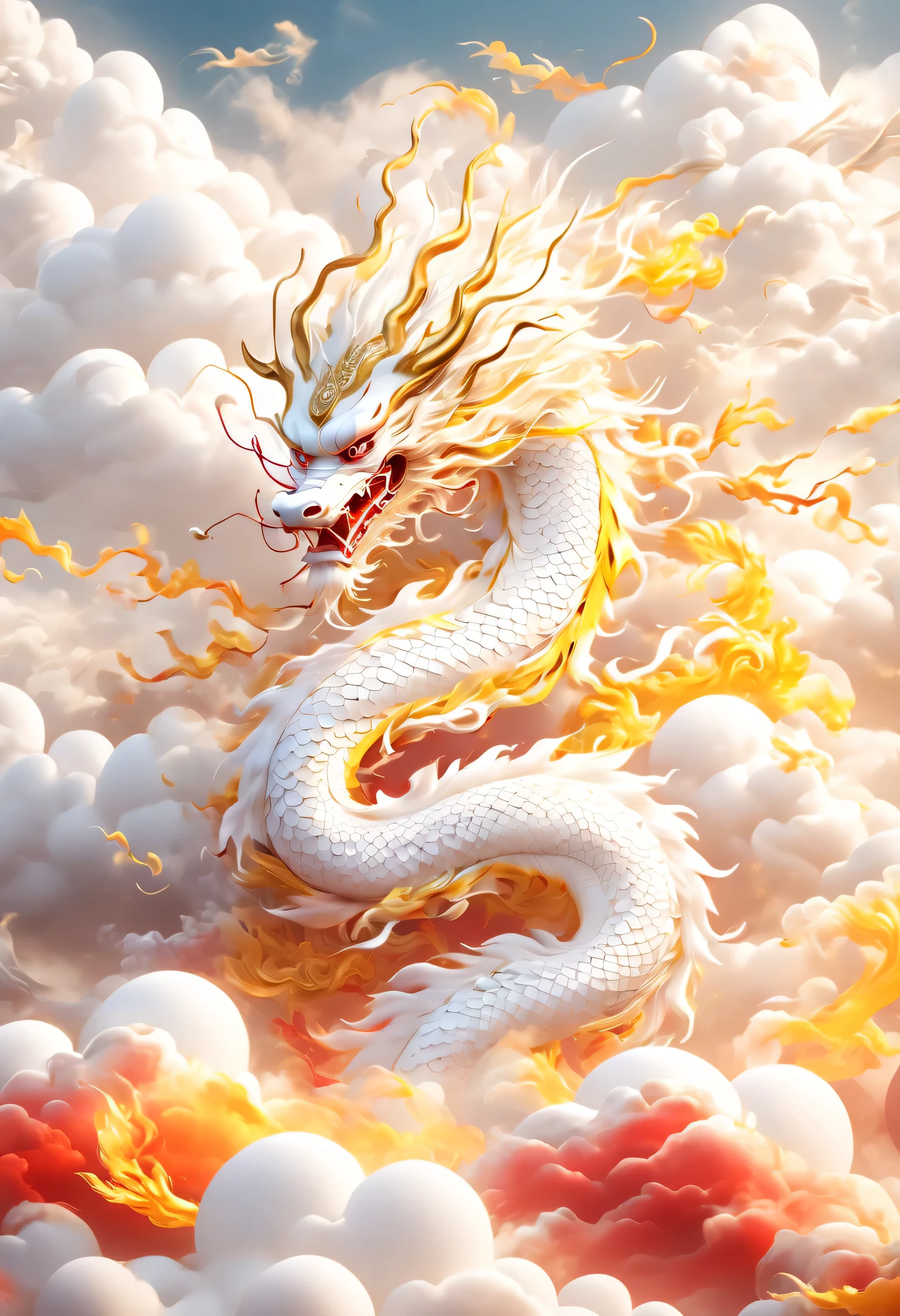 Surrealism ，A white Chinese dragon swims in the clouds,bird&#39;s eye view style，Red and yellow gradients，beautiful clouds，Sky，very festive, Chinese elements，Commercial Photography, glow, Divine Thunder, Ray tracing