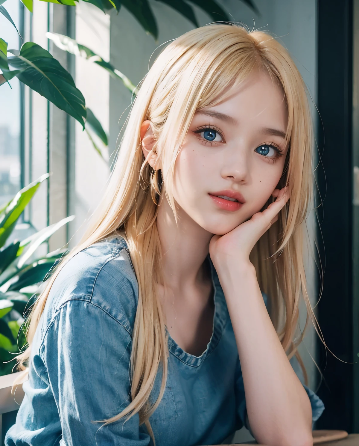 1girl, Blue eyes, (smile), (Sana Minatozaki), (Best Quality, 8k, Masterpiece: 1.3), perfect hands, Clear Focus: 1.2, Perfect Body Beauty: 1.4, Highly detailed face and skin texture, detailed eyes, double eyelids, (blonde long hair whit blunt bangs :1.2), jewelry, looking at viewer, portrait, red nails, (close-up :1.3), red lips, hands on own face, hands on own cheeks, black t-shirt, jeans