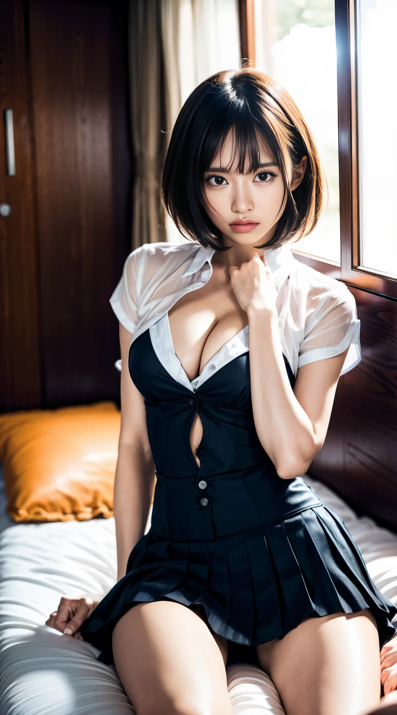 (1 girl, highly detailed girl, solo, , teenager, sk body, highly detailed face, BIBE, short hair), extremely detailed CG unified 8k wallpaper, highly detailed, raw color photos, professional photography, Realistic, (slender, cleavage:0.8), ((wearing school uniform with open chest:1.45)), (looking at viewer, embarrassed:1.6, ashamed expression:1.45, sleepy-eyed:1.2, bashful, upturned eyes, flustered, open mouth), pleated skirt, bedroom,(from above lying on her back, head on a pillow, spread open legs, highthigh, black stockings, cameltoe:0.8, full body)