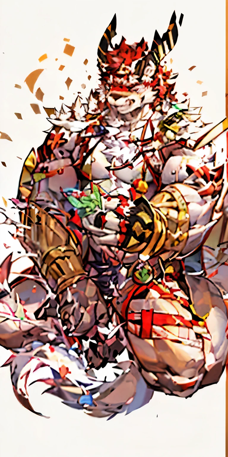 muscular orc,Expose the paws,Strong dragon orc Taoist priest,Talisman paper floating,sitting cross-legged,A beast presses the bulging crotch,French formation,Chinese ink painting,Copper coins and red rope,Strong body,Peach tree,peach blossom,Black, white, gold and red colors,Black and gold robes