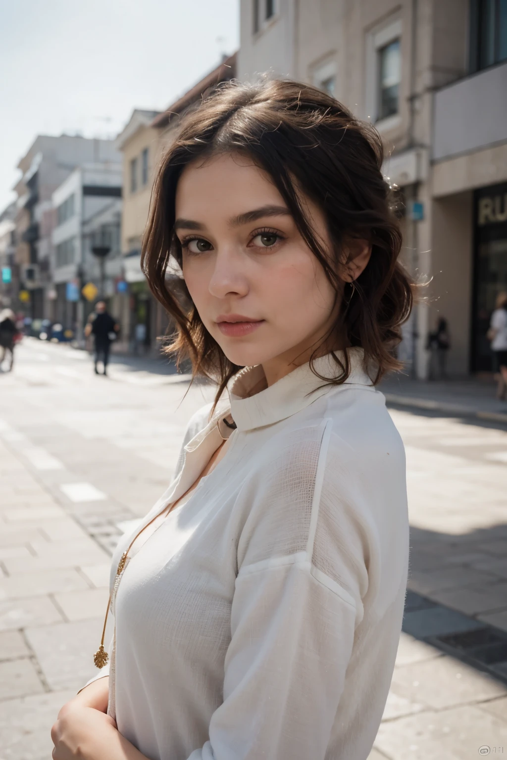 fotografia de retrato profissional de uma linda brasileira em roupas de inverno com longos cabelos loiros ondulados, olhar sensual de paquera, beautiful symmetrical face, maquiagem natural bonito, wearing elegante warm winter fashion clothing, ((Do lado de fora na rua nevada da cidade)), deslumbrante ambiente urbano moderno, ultra realista, arte conceitual, elegante, altamente detalhado, Intricado, sharp focus, profundidade de campo, f/1. 8, 85mm, medium shot, tiro no meio, (((professional color grading))), luz difusa suave e brilhante, (volumetric fog), trend on instagram, hd 4k, 8k