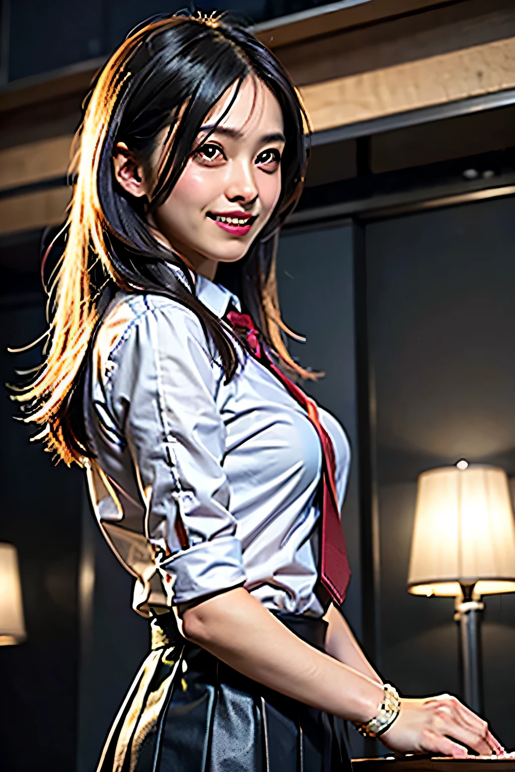 (masterpiece), highest quality, ultra high resolution, close, because I&#39;thin, 1 girl, school uniform, long hair, laughter, kind, night, Background of Tokyo Restaurant, colorful lights, photon mapping, radio city, Physically based rendering, cinematic lighting, Complex, high detail, sharp focus, dramatic, realistic  
