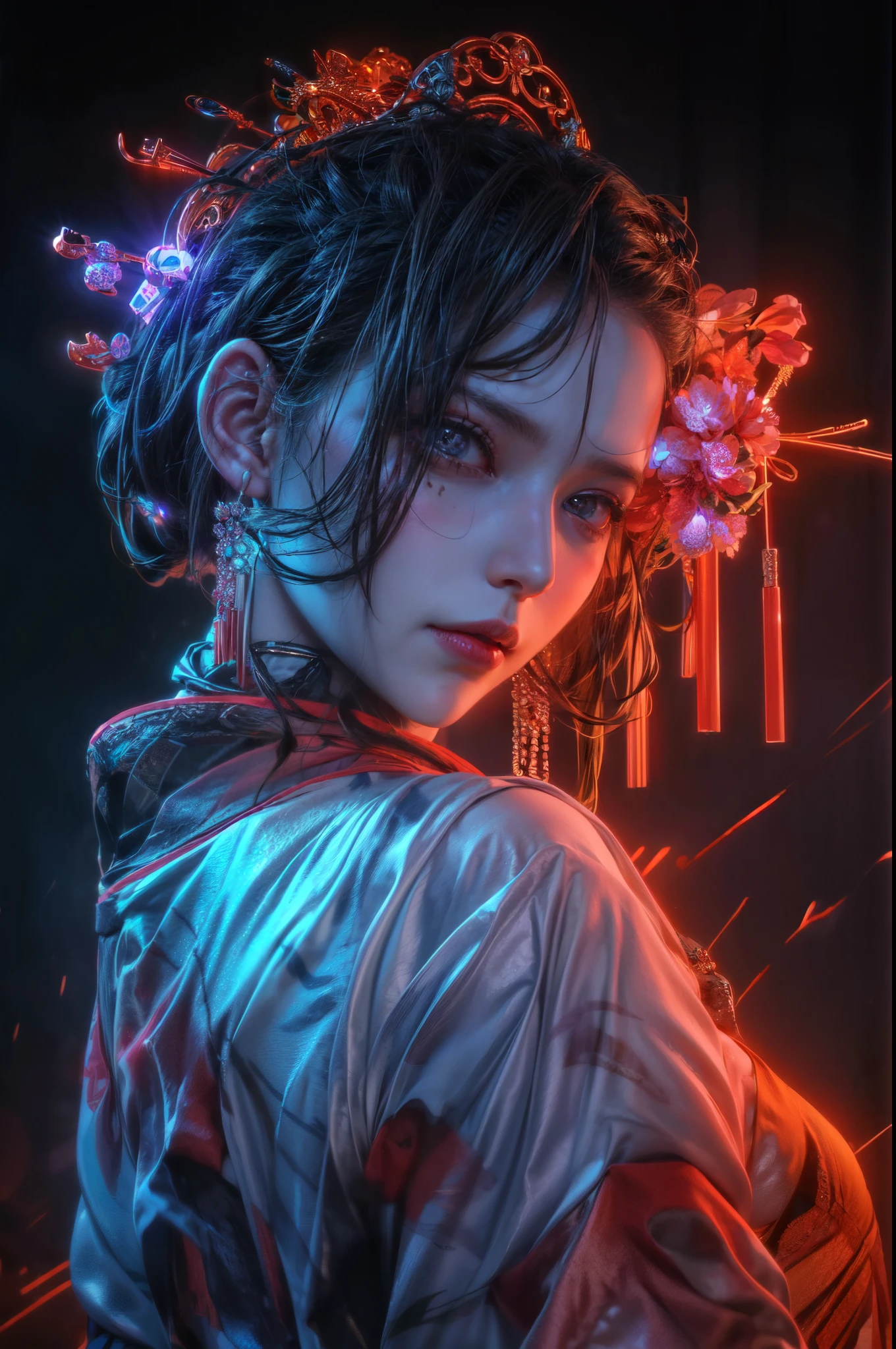 a very beautiful woman wearing red jewelry and a crown, in the style of the stars art group (xing xing), unreal engine 5, satoshi kon, xiaofei yue, turquoise and amber, guillaume seignac, loose and fluid