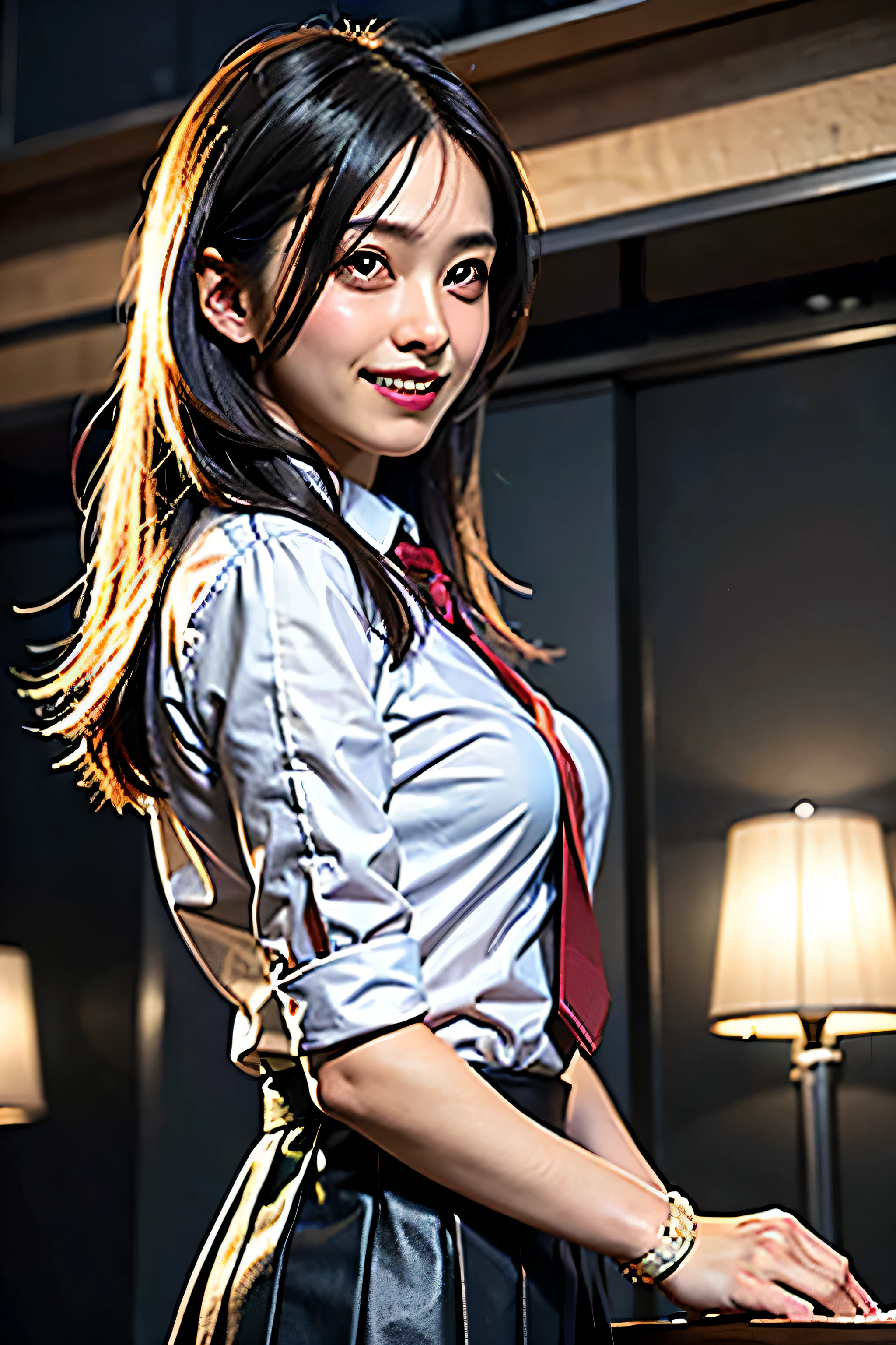 (masterpiece), highest quality, ultra high resolution, close, because I'thin, 1 girl, school uniform, long hair, laughter, kind, night, Background of Tokyo Restaurant, colorful lights, photon mapping, radio city, Physically based rendering, cinematic lighting, Complex, high detail, sharp focus, dramatic, realistic