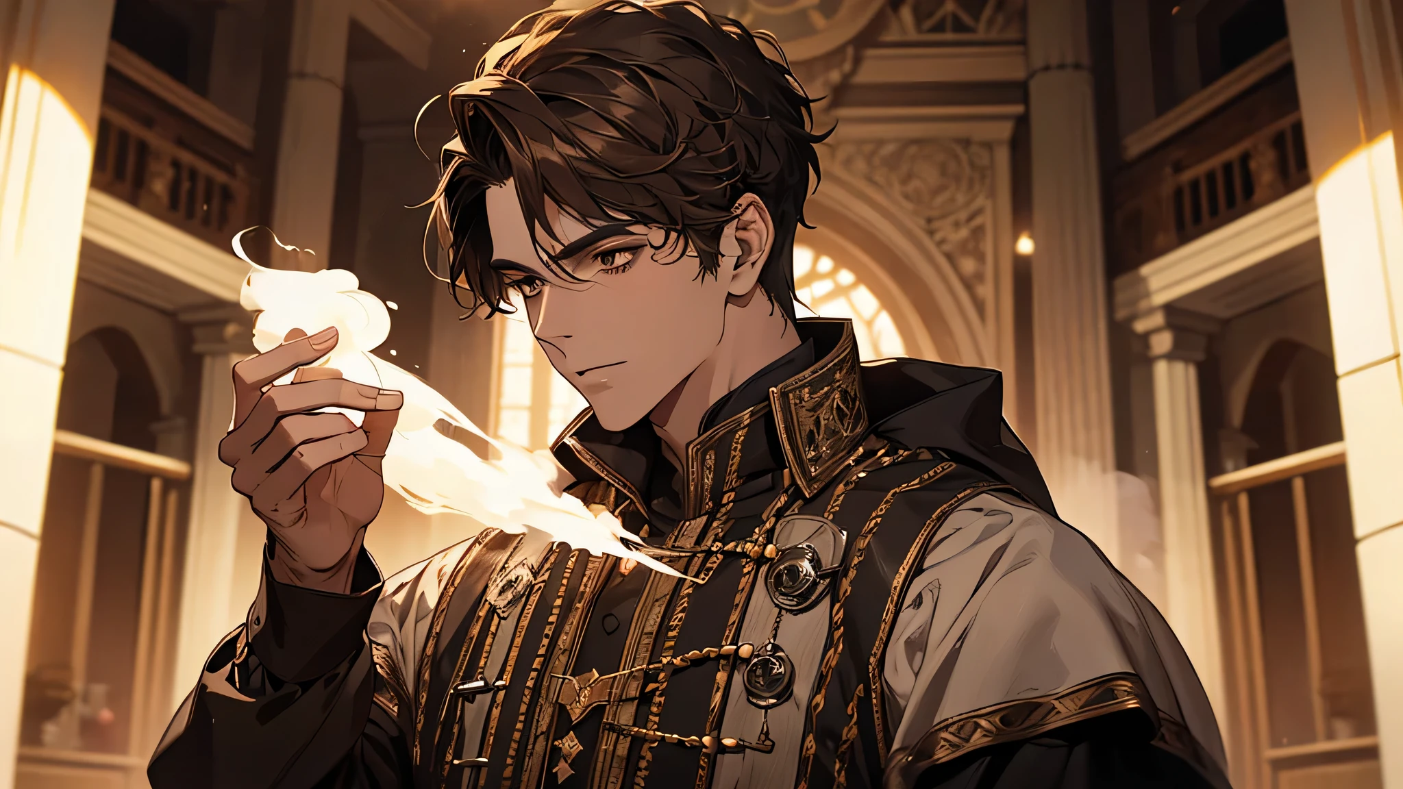 handsome Man with short brown hair, lights up smoke indoors and creates a smoke effect. medieval times, prince, detailed face, wearing white rob