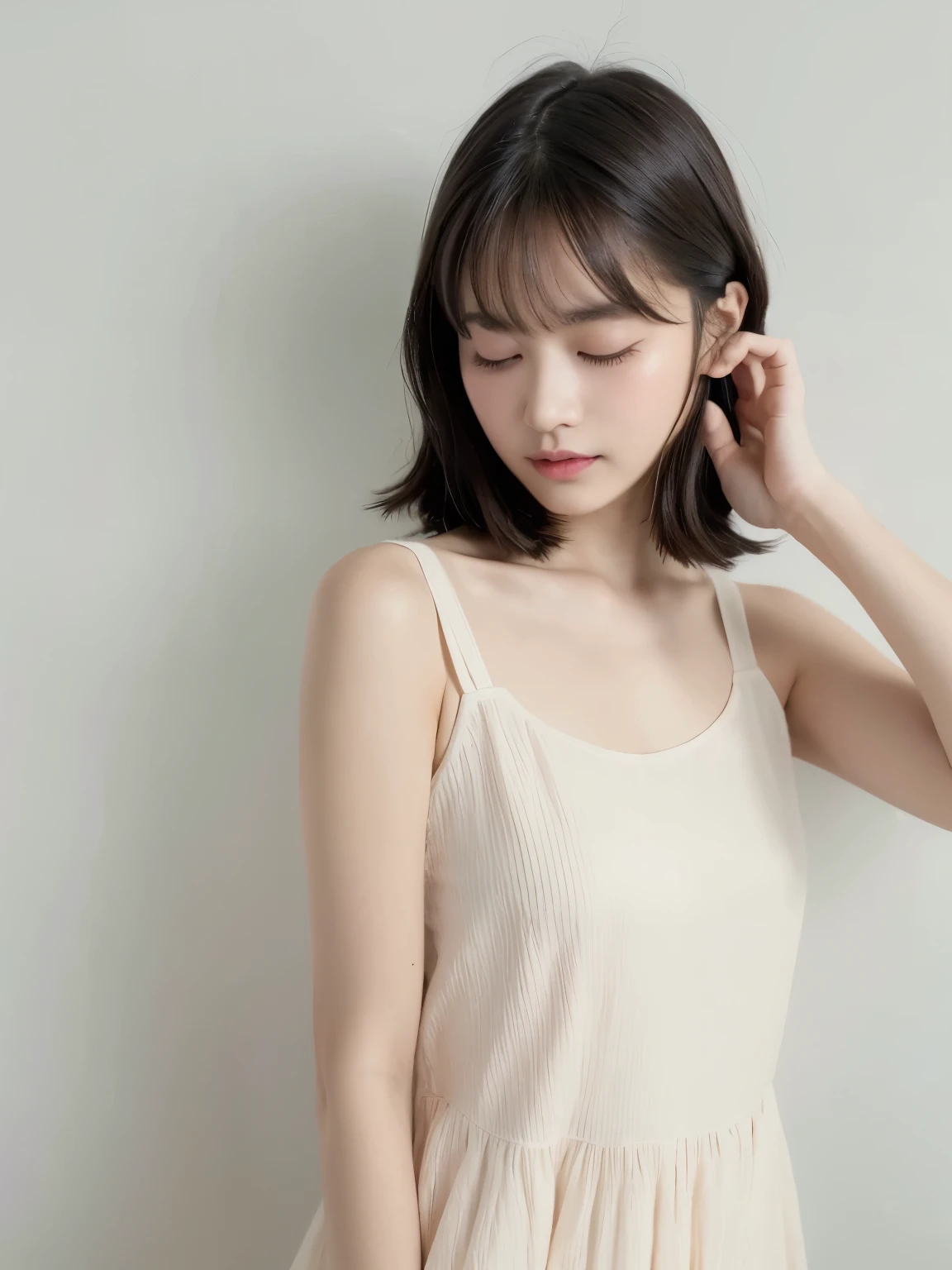 白い長袖のdress, ((highest quality、8K、masterpiece:1.3))、1 girl、(hairstyle casual)、Upper body、dress:1.2、super fine face、delicate eyes、double eyelid、laughter、Taken in front of a white wall、Japanese、clean、adult、natural soft light、bright pictures、Portrait、right in front of