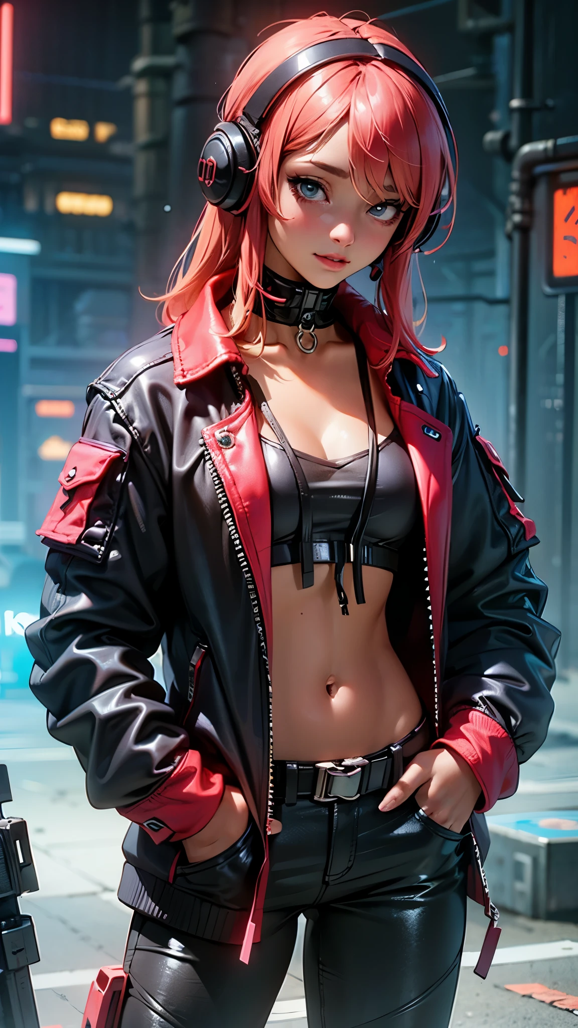 (La mejor calidad,A high resolution,Ultra - detallado,actual),Ariana Grande  night city, rain, red leather jacket, hands in pockets, black clothes, black pants, gothic accessories, spiked choker, red hair, blue eyes,(tiro vaquero ),( ciberpunk 2.1 ),(Bluetooth headphones on the head:1.4) ,,More detailed 8K.motor irreal:1.4,UHD,La mejor calidad:1.4, fotorrealista:1.4, textura de la piel:1.4, obra maestra:1.8,obra-prima, mejor calidad,objeto Objeto], (detailed face features:1.3),(Las proporciones correctas),convexo，(Dedos detallados)，(fishnet:1.4),(Ojos hermosos azules), (realistic 2.1 ), (ciudad Tokio cyberpunkAI :2.1) ,(Perfect anatomy) 