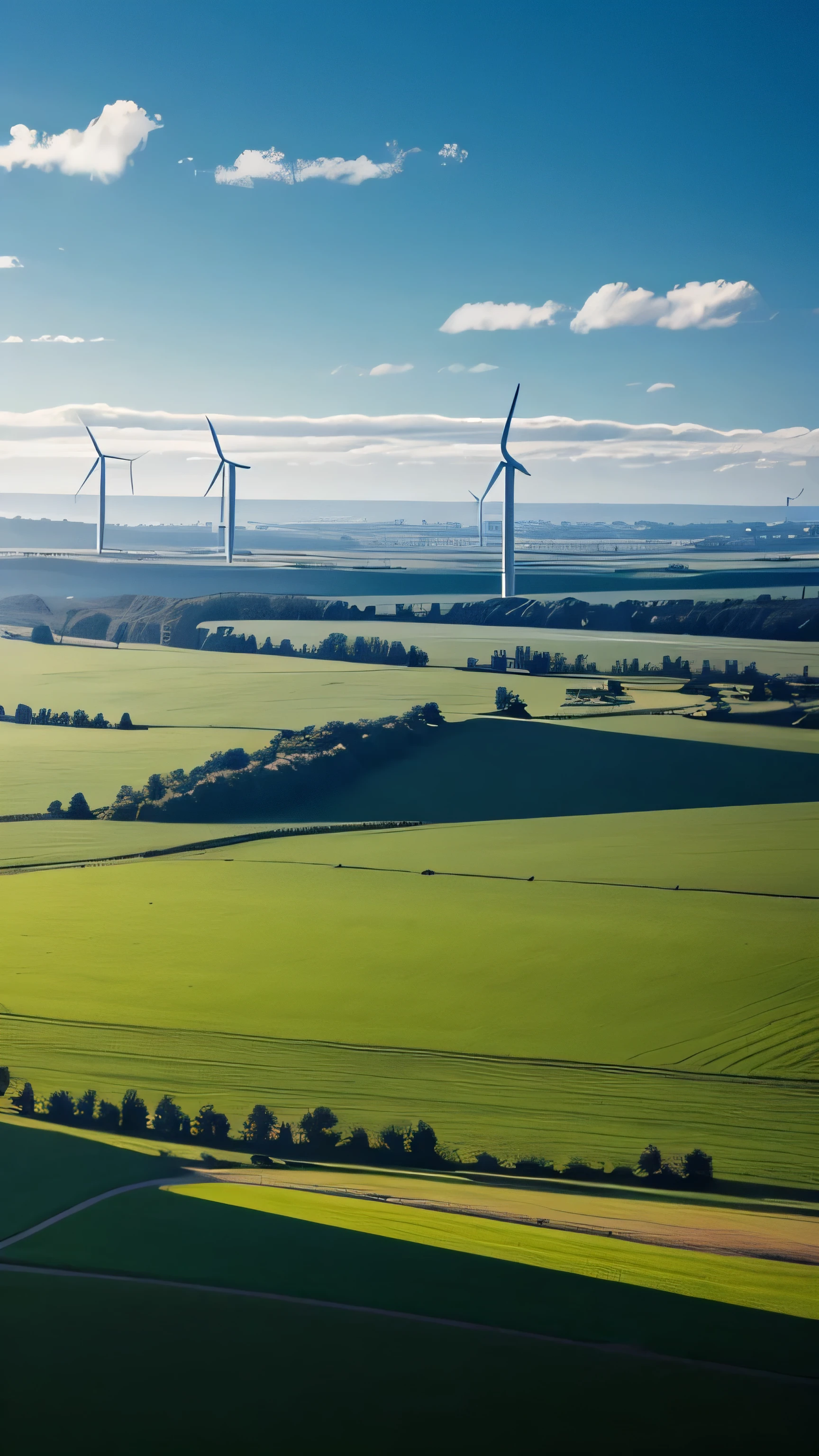 A landscape with wind turbines lined up