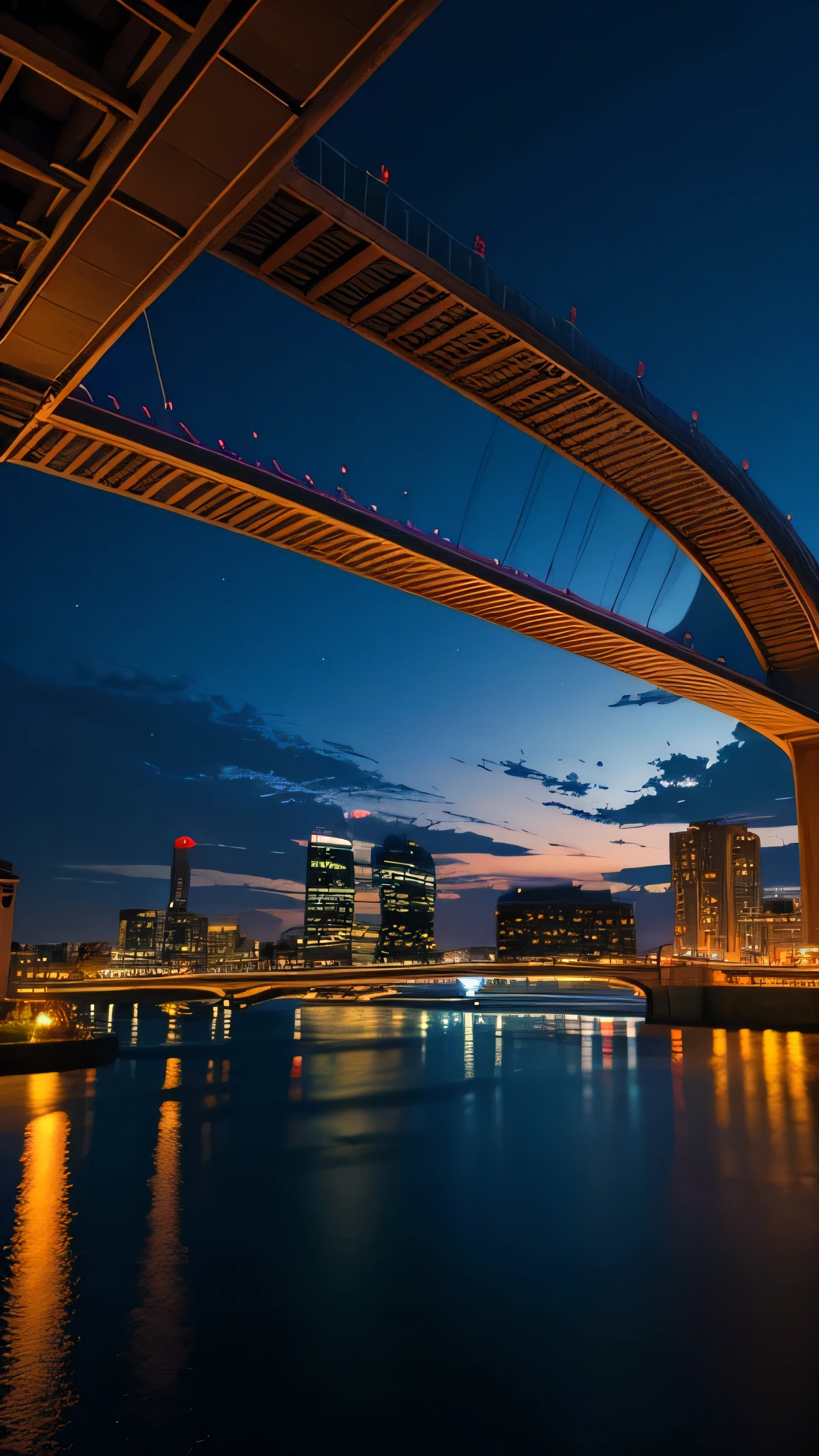 City viaduct and illuminated river at night