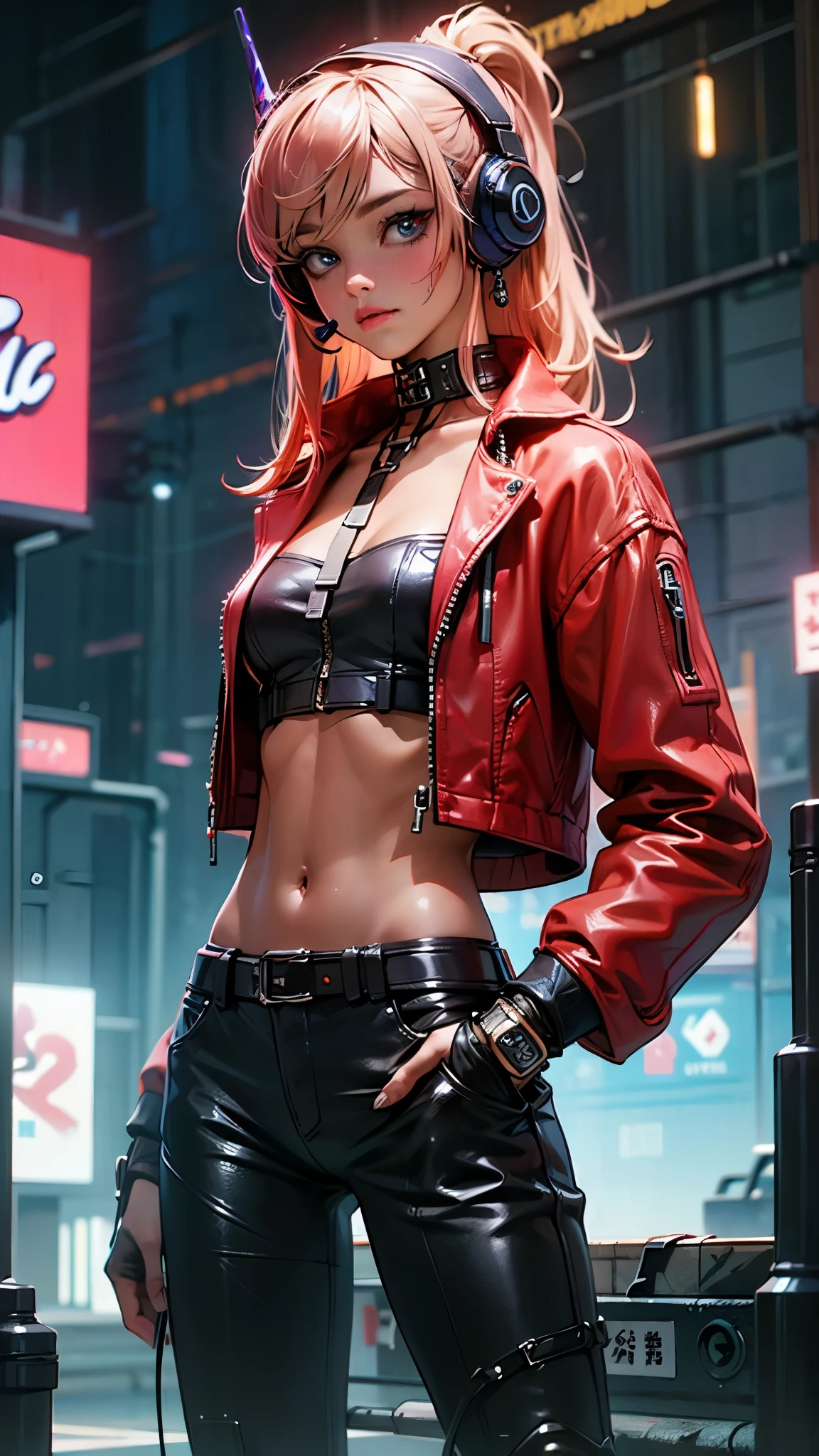 (La mejor calidad,A high resolution,Ultra - detallado,actual),Ariana Grande  night city, rain, red leather jacket, hands in pockets, black clothes, black pants, gothic accessories, spiked choker, red hair, blue eyes,(tiro vaquero ),( ciberpunk 2.1 ),(Bluetooth headphones on the head:1.4) ,,More detailed 8K.motor irreal:1.4,UHD,La mejor calidad:1.4, fotorrealista:1.4, textura de la piel:1.4, obra maestra:1.8,obra-prima, mejor calidad,objeto Objeto], (detailed face features:1.3),(Las proporciones correctas),convexo，(Dedos detallados)，(fishnet:1.4),(Ojos hermosos azules), (realistic 2.1 ), (ciudad Tokio cyberpunkAI :2.1) ,(Perfect anatomy) 