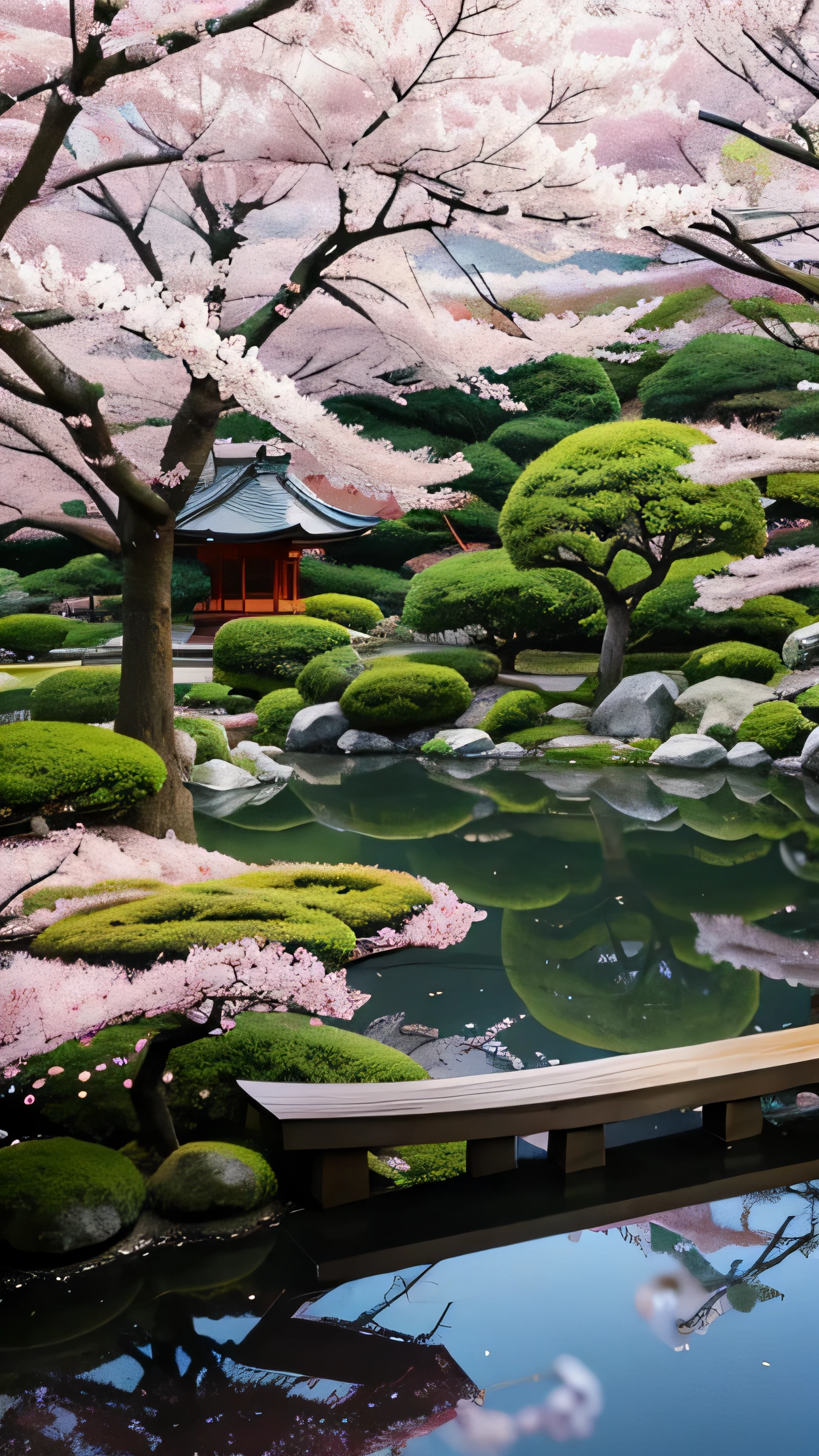 Japanese garden with spring cherry blossoms