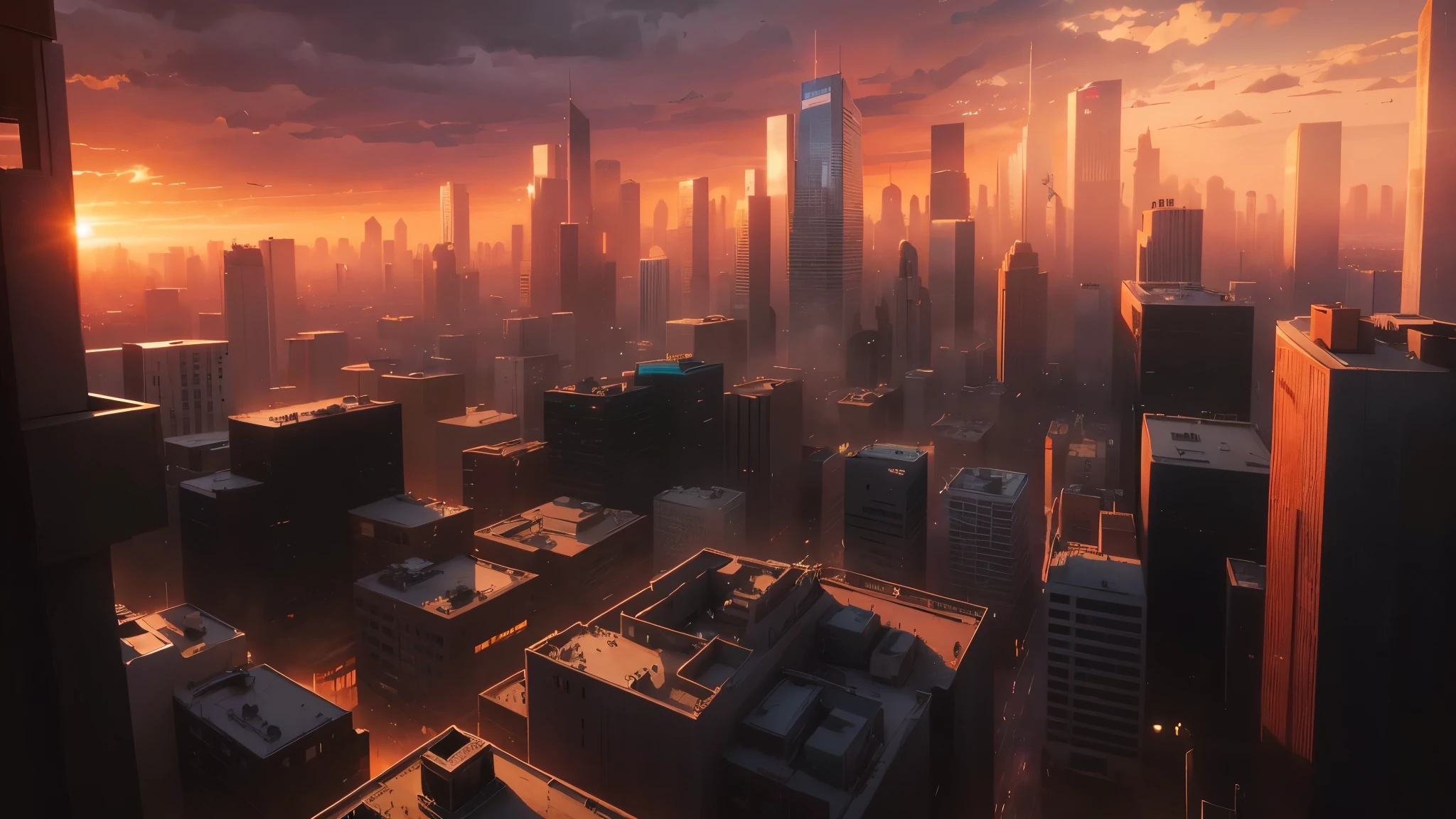 Create a cinematic urban sketch with a focus on a city skyline during sunset. Employ a bird's eye view to showcase the sprawling cityscape, with warm, vibrant colors reflecting off the skyscrapers and a sun dipping below the horizon.