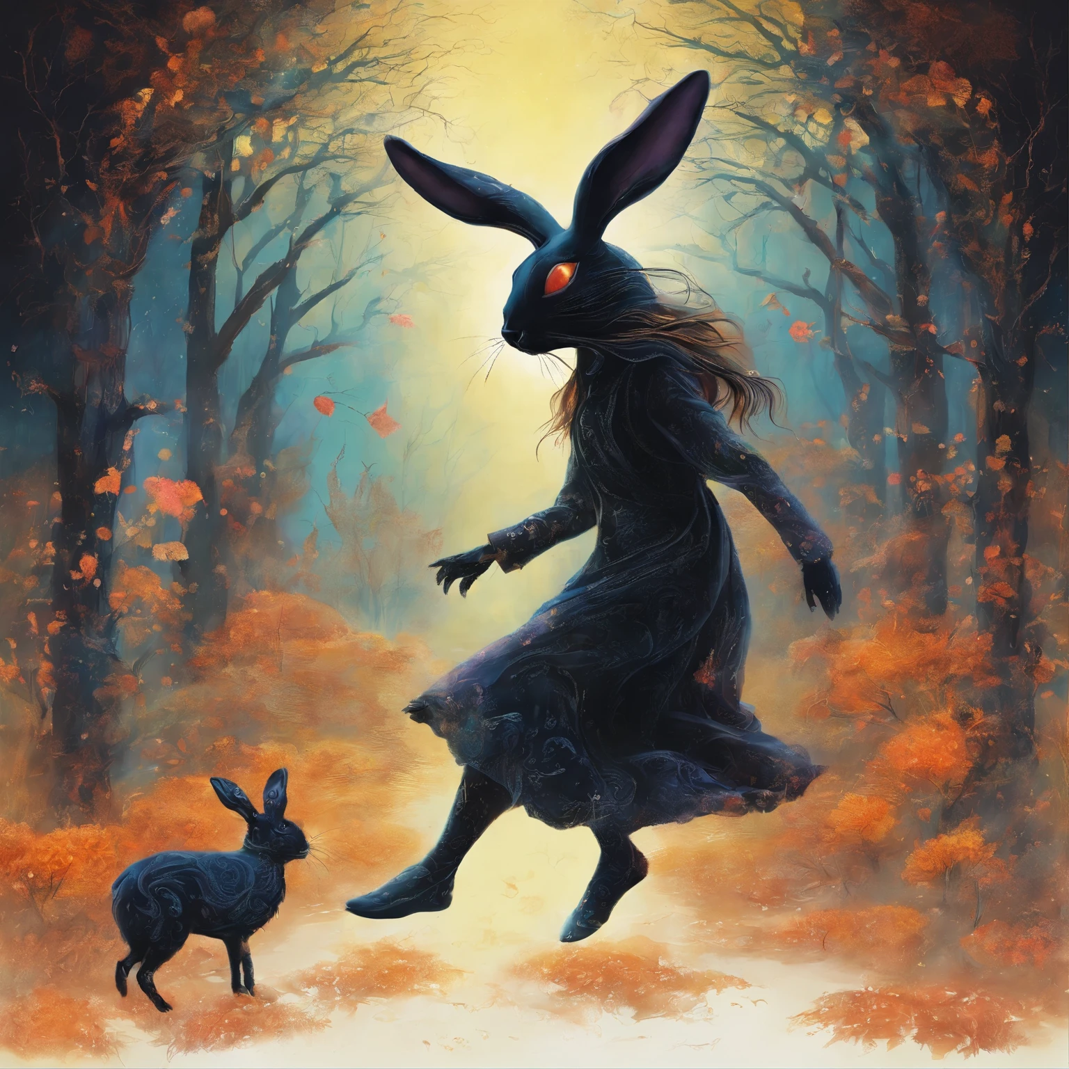 there is a black rabbit jumping up into the air with its paw, Burqa, Miura, inspired by Nikolai Burachek, Miura kentaro style, inspired by Maciej Kuchara, inspired by Franciszek Zmurko, Miura kentaro, turbid, Martina Krupičková, Murray Tinkelman