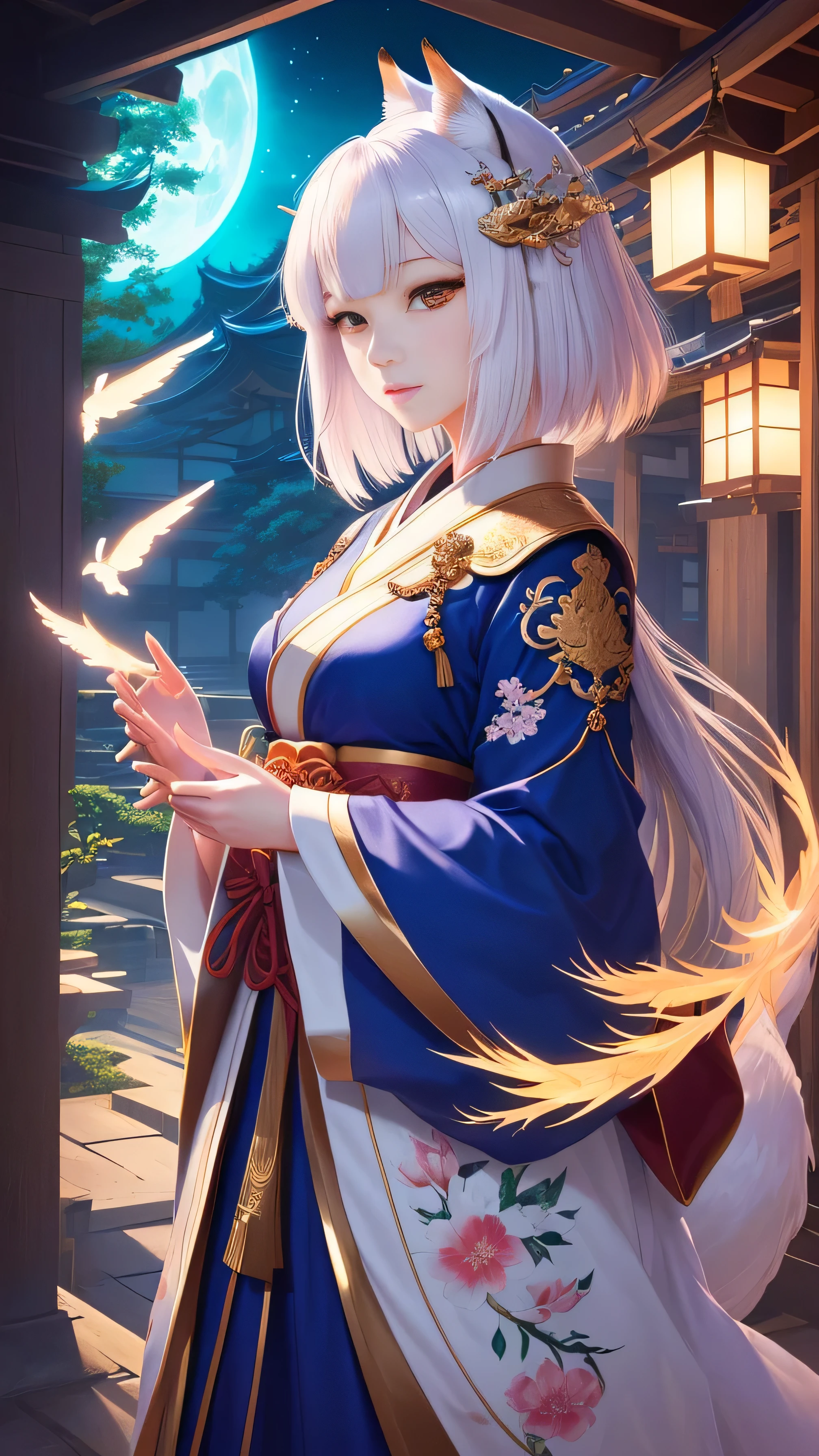 masterpiece , highest quality, frontのクローズアップ,Upper body,beautiful short hair, masterpiece, japanese architectureの背景,beautiful details, colorful, delicate details, delicate lips, intricate details, genuine, ultrargenuineista, 枝に座っている色とりどりの髪のFoxを持つ女の子:mature, bright eyes, ,色とりどりのFox, Raposa the Nine Tails, 三尾Fox, 三尾Fox, Onmyoji detailed art, beautiful fine art illustration, mythical creatures, Fox, beautiful digital art,shrine maiden,japanese architecture,Holding hands,exquisite digital illustration, mizutsune, Inspired by mythical wild nest creatures, pixiv in digital art, dazzling light, high contrast, Mysterious,枝に座っている色とりどりの髪のFoxを持つ女の子,front,look at the camera