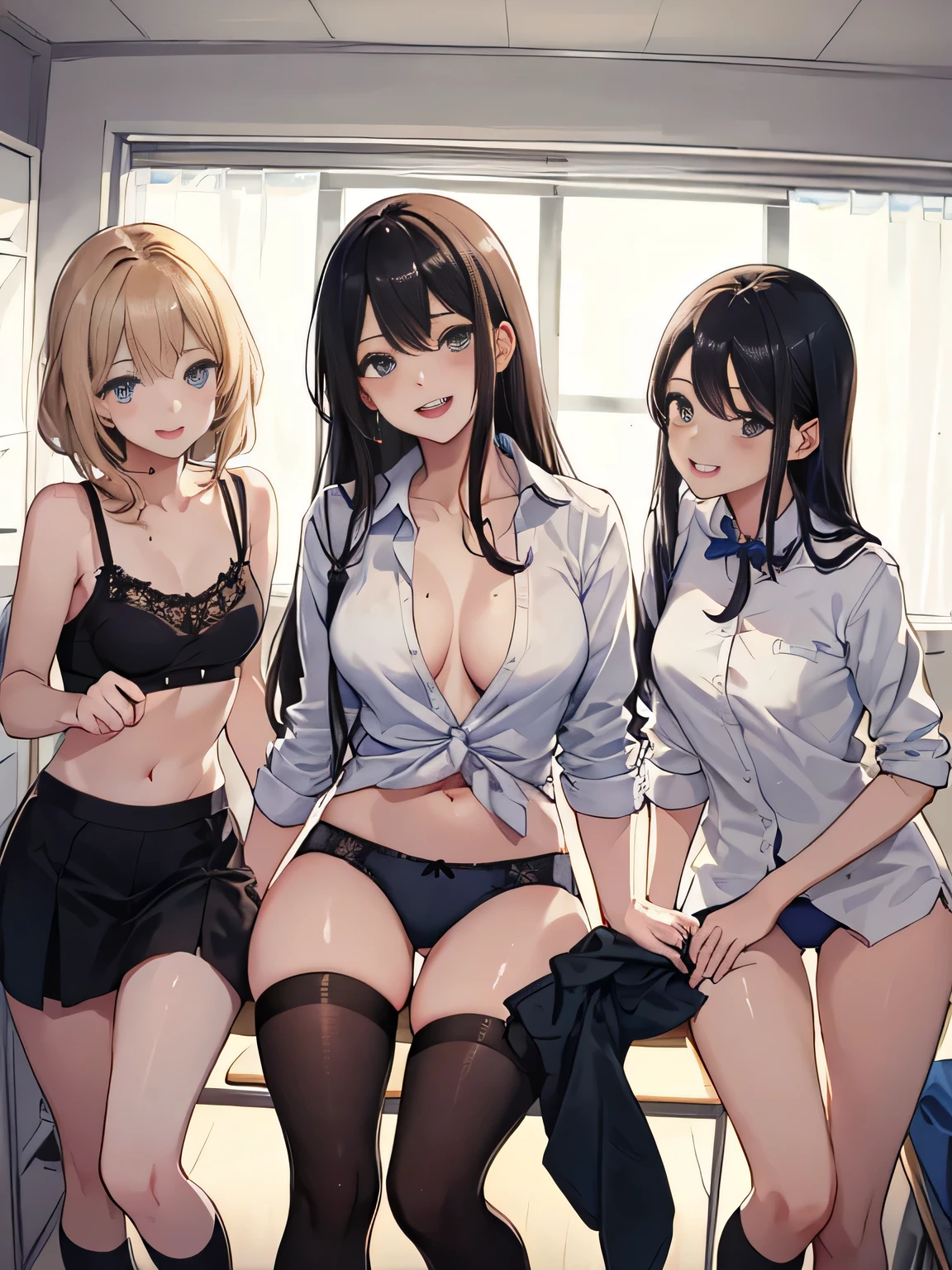 (8K、RAW photo、highest quality、masterpiece:1.2)、detailed background、Beautiful girl、((4 beautiful girls))、beautiful and detailed face、beautiful and smooth skin、skin texture、professional lighting、take off clothes、change clothes in the school changing room、Cute colored underwear、laughter、sexual expression、smile、knee high socks、take off clothes、In underwear
