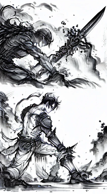 1boy, Guts from berserk, swordsman, holding a greatsword, Dragonslayer, ink painting, manga ink, black and white, hyperdetailed, extreme detail, ink splash, anger, fluid lines